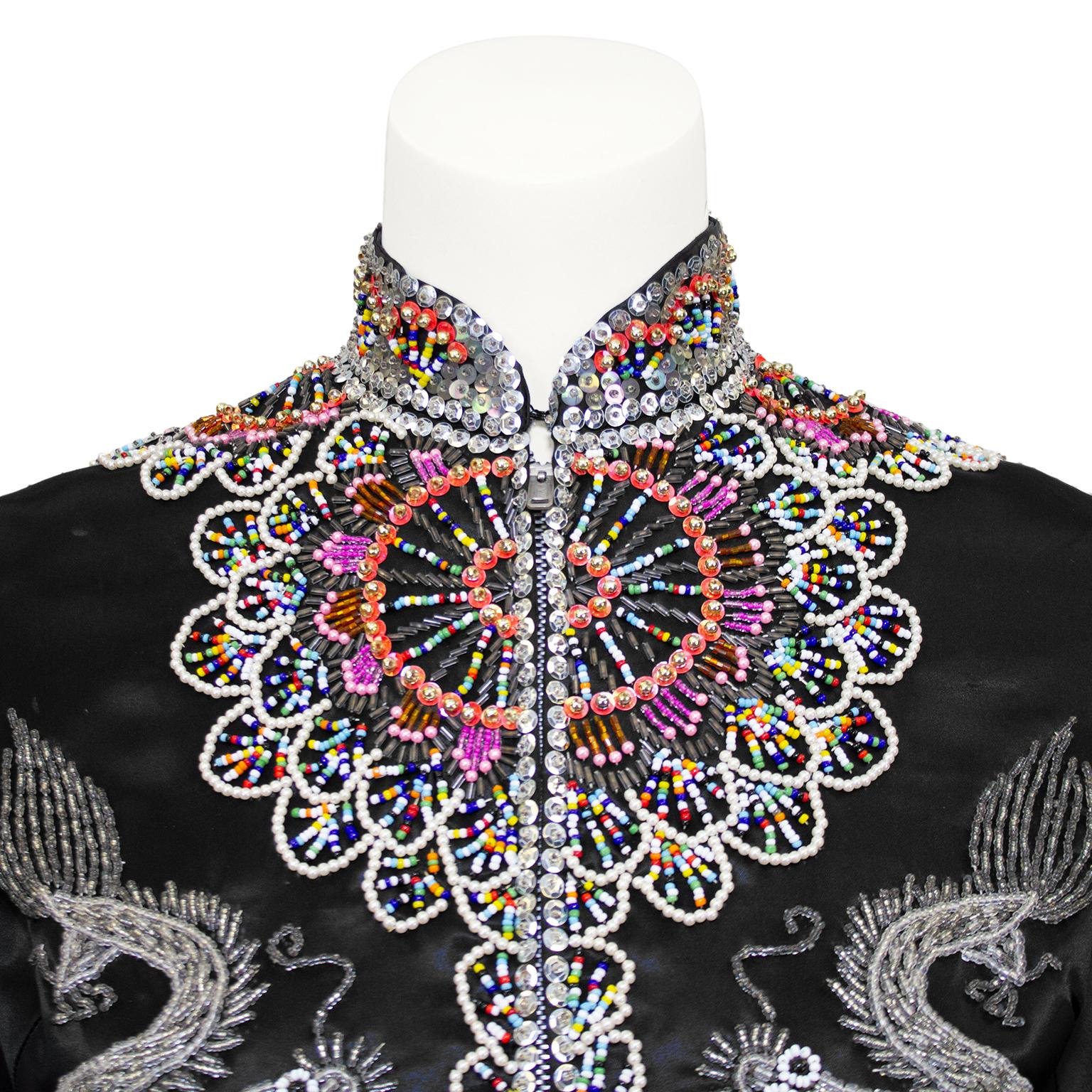 Women's 1960s Dynasty Black Dragon and Phoenix Beaded Jacket For Sale