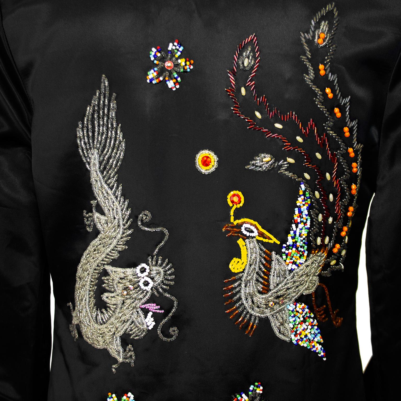 1960s Dynasty Black Dragon and Phoenix Beaded Jacket For Sale 3