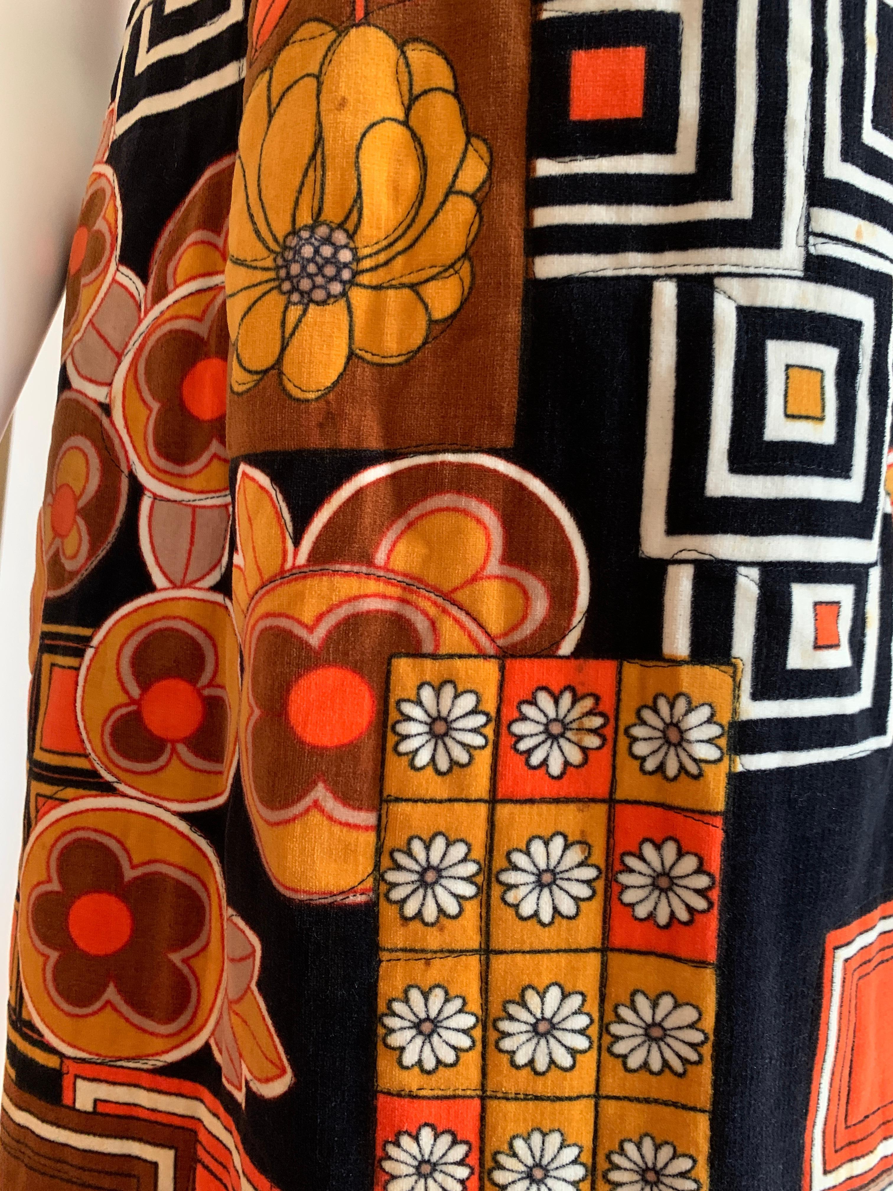 Women's 1960s Dynasty for I Magnin Floral Print Orange and Black Velvet Maxi Dress  For Sale