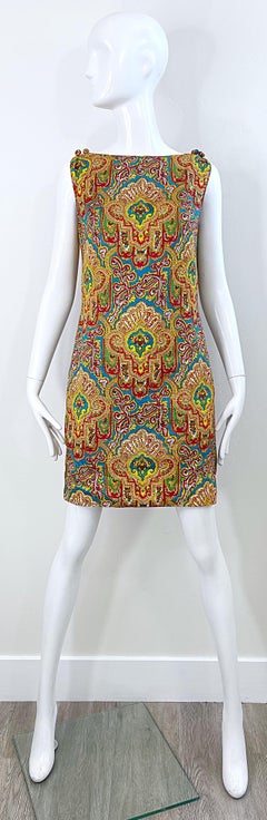 1960s Dynasty Paisley Bright Colorful Silk Vintage 60s Sleeveless Shift Dress