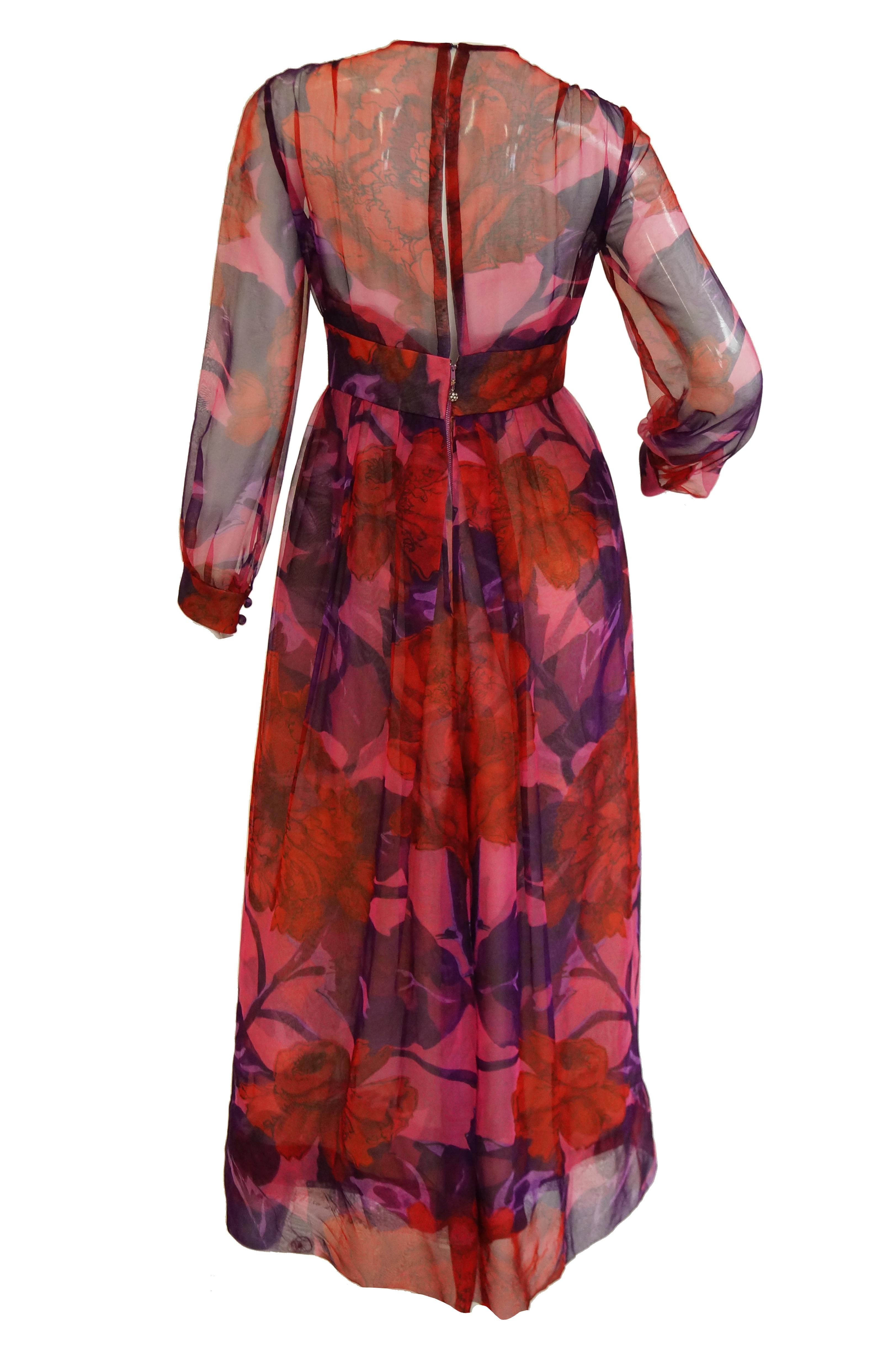 Women's 1960s Dynasty Sheer Raspberry Silk Floral Evening Dress For Sale