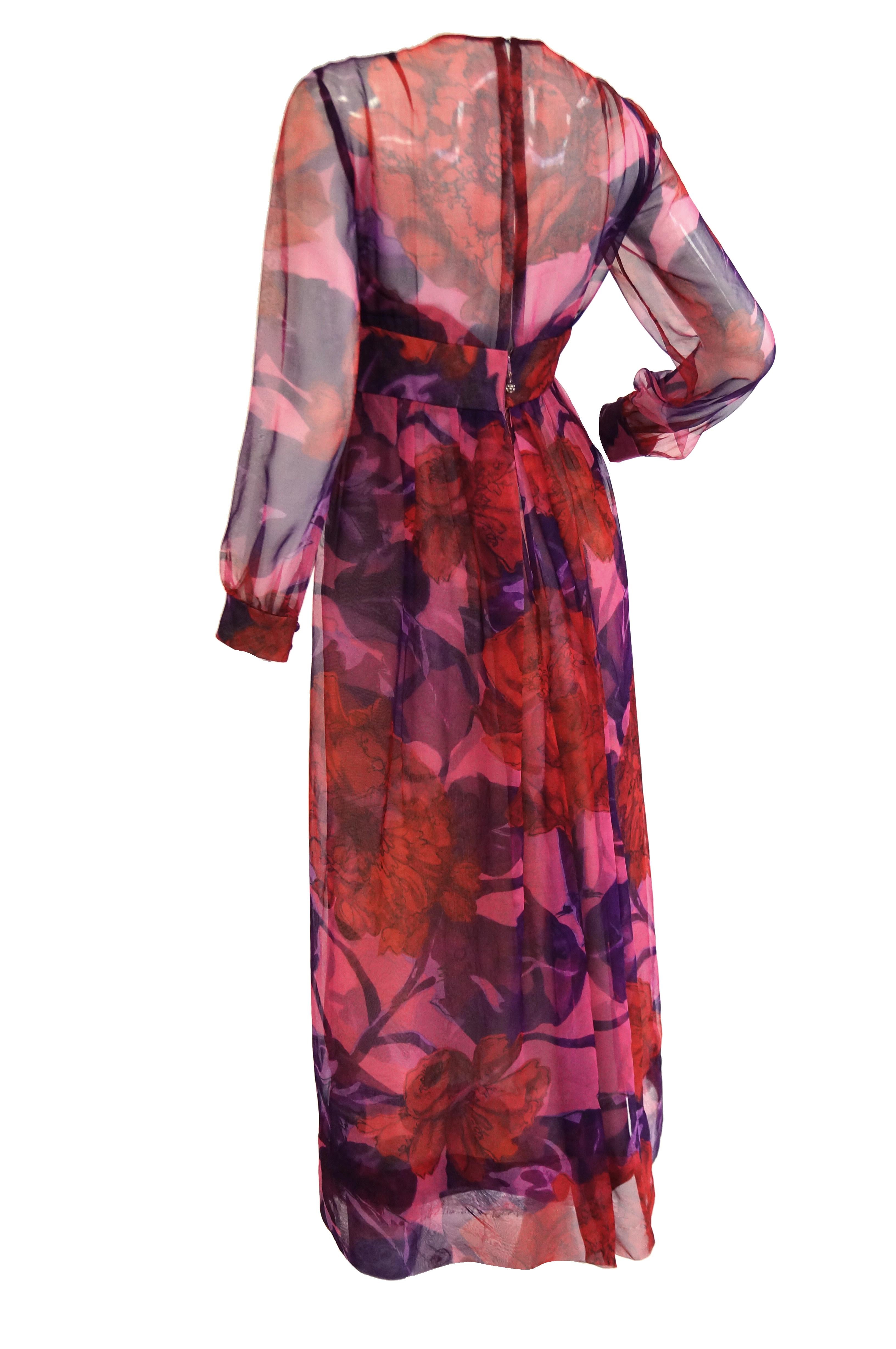1960s Dynasty Sheer Raspberry Silk Floral Evening Dress For Sale 1