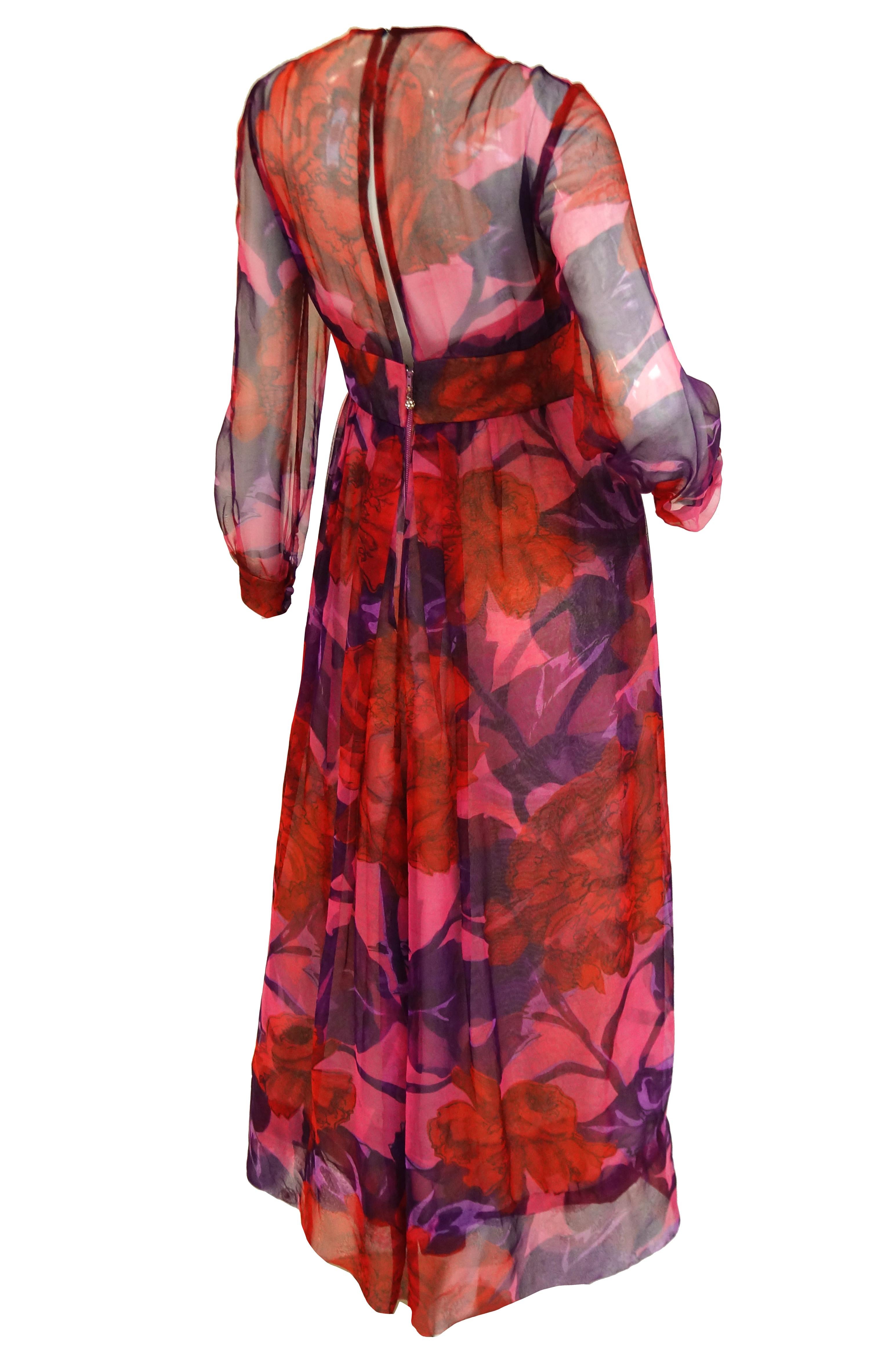 1960s Dynasty Sheer Raspberry Silk Floral Evening Dress For Sale 2