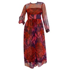 1960s Dynasty Sheer Raspberry Silk Floral Evening Dress