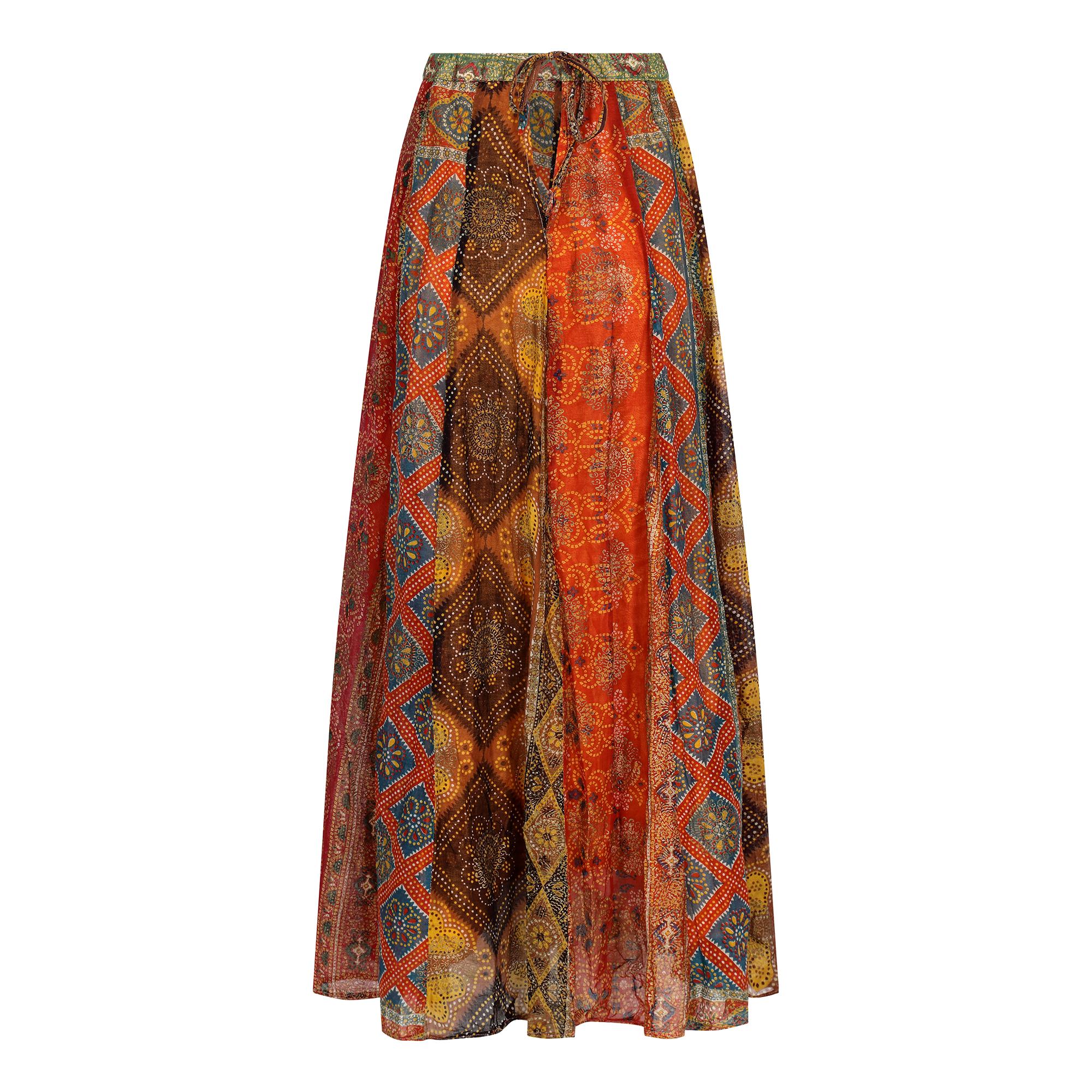 Falda boho india con estampado de bloques de los años 60 y principios de los 70 Marrón