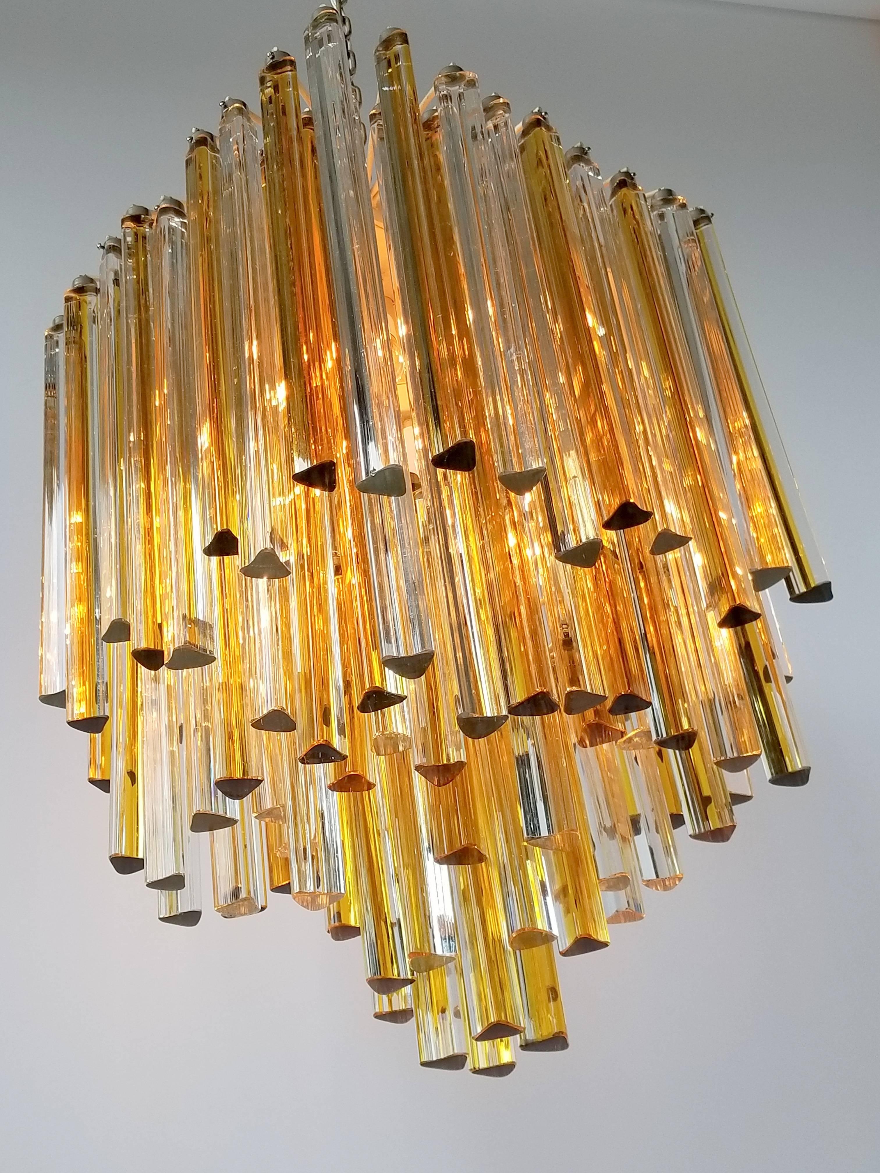 Mid-Century Modern 1960s Early Venini Amber and Clear Glass Prisms Chandelier, Italy For Sale