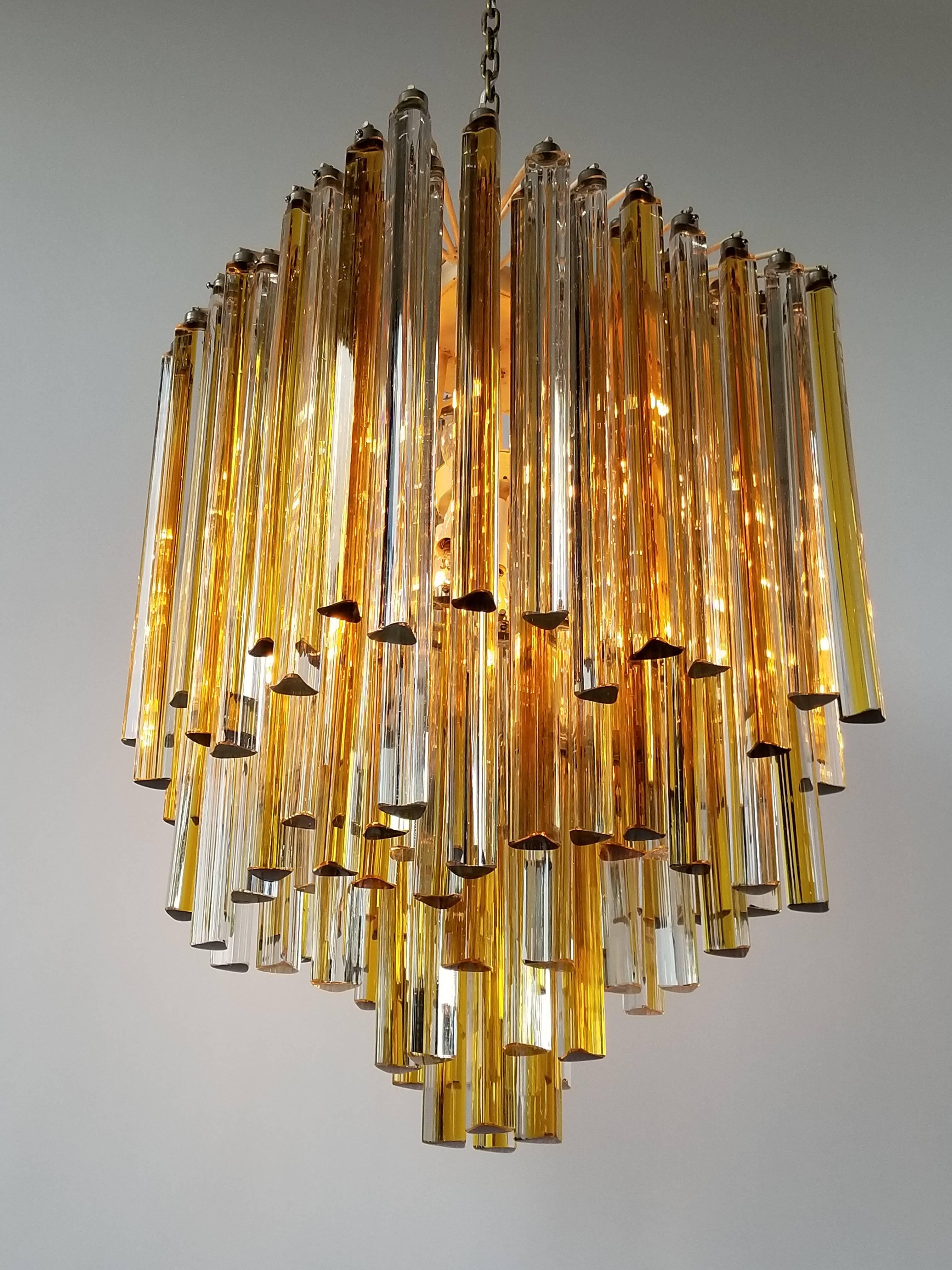 Italian 1960s Early Venini Amber and Clear Glass Prisms Chandelier, Italy For Sale