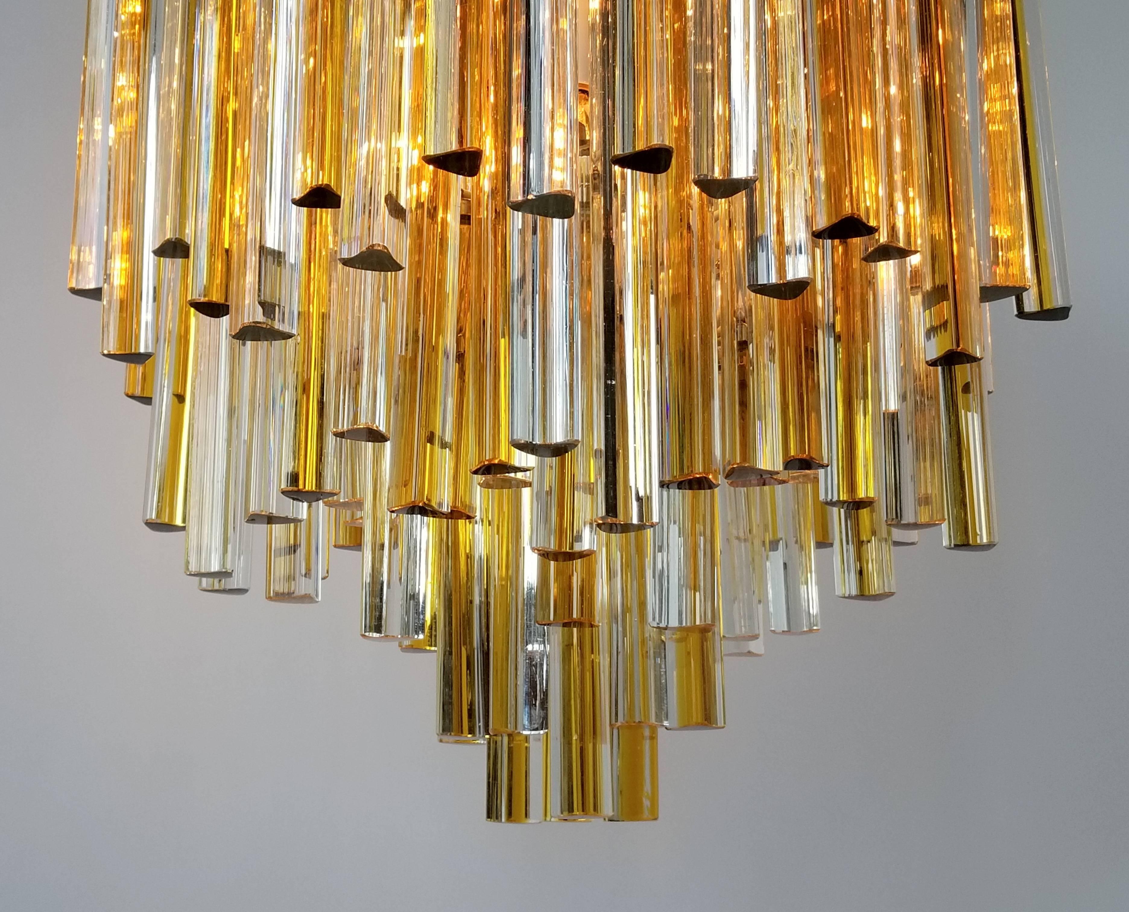 Enameled 1960s Early Venini Amber and Clear Glass Prisms Chandelier, Italy For Sale