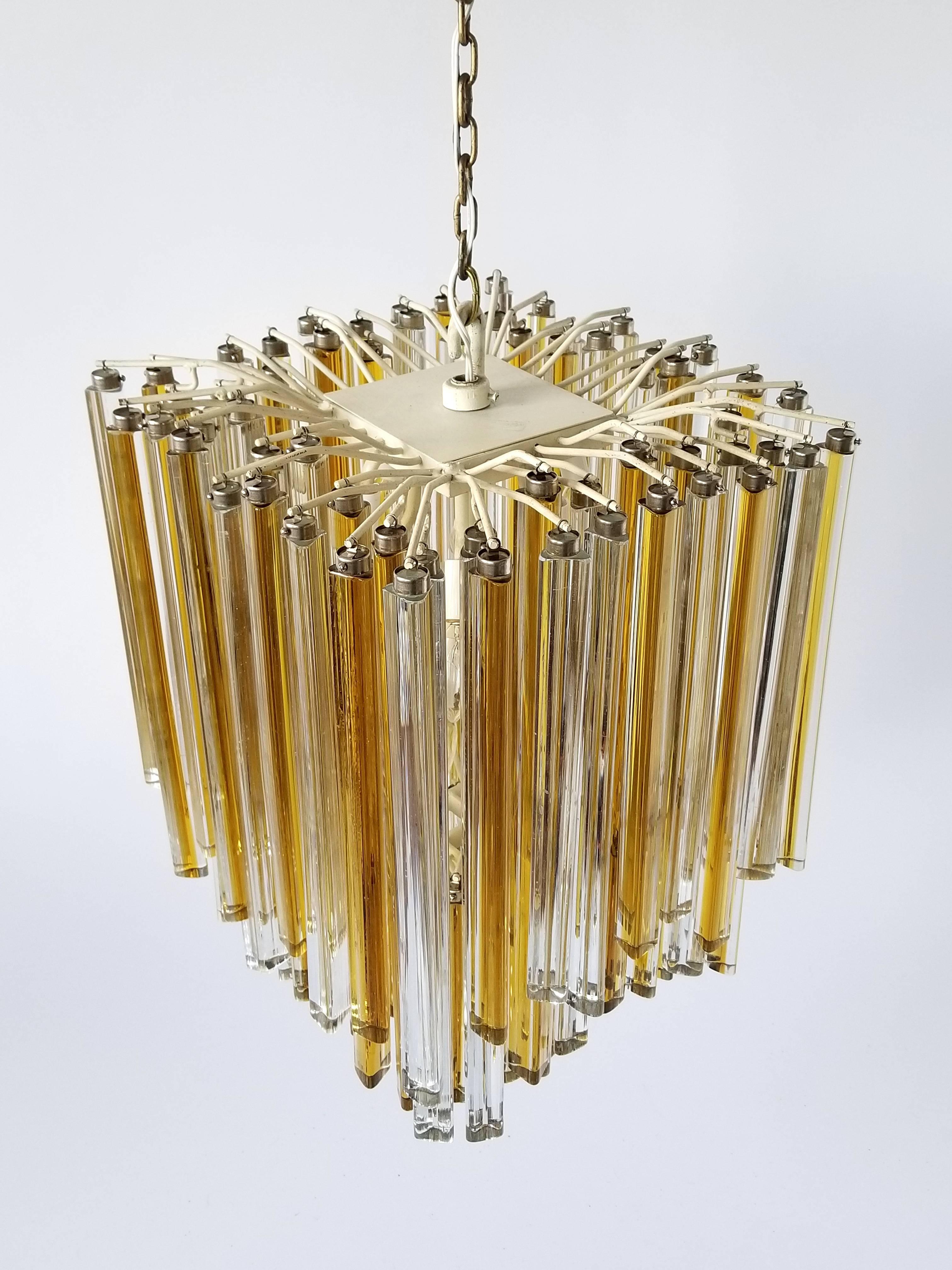Steel 1960s Early Venini Amber and Clear Glass Prisms Chandelier, Italy For Sale