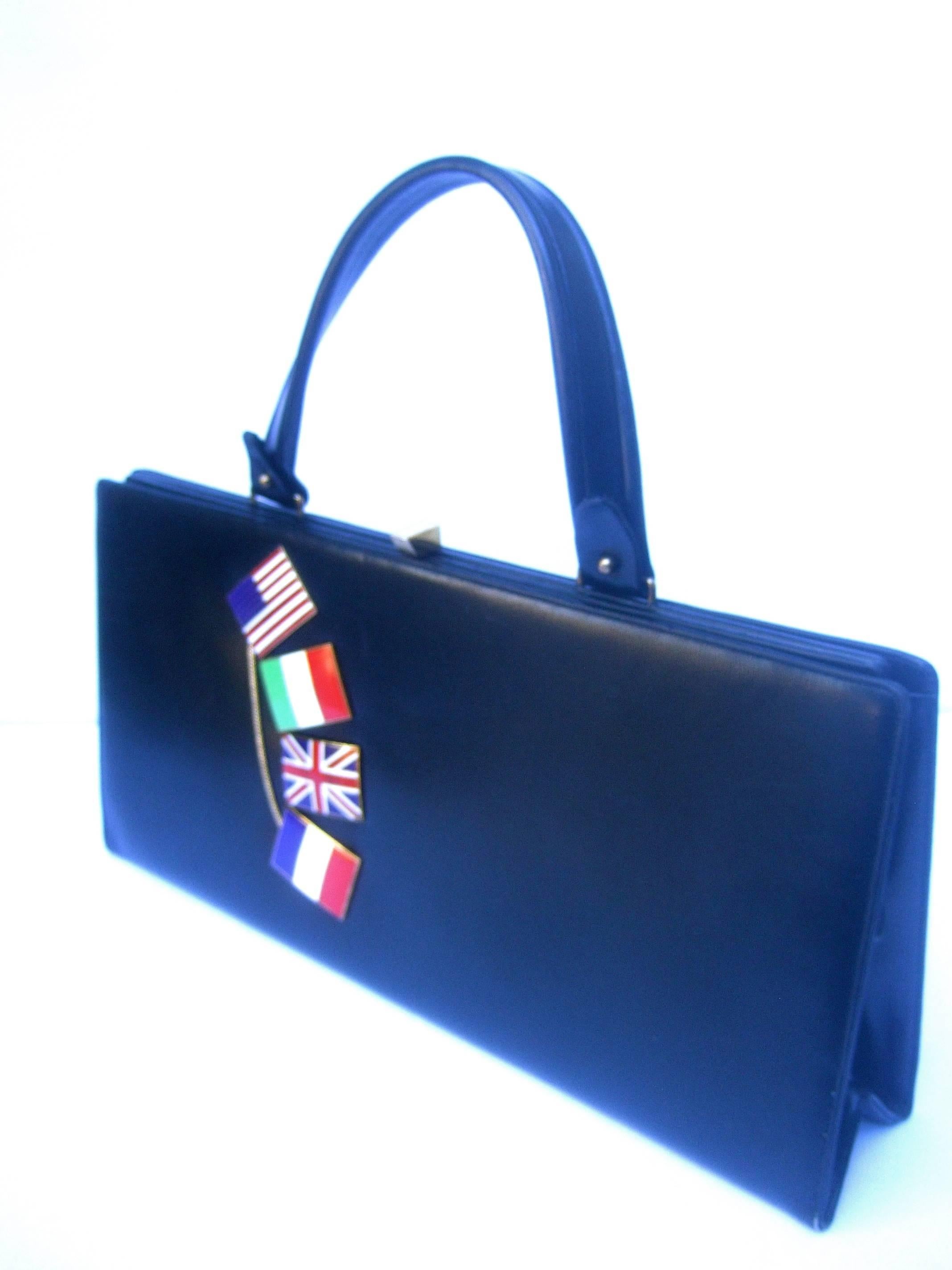 1960s Ebony Leather Cloisonne Enamel Flag Theme Handbag  In Good Condition In University City, MO