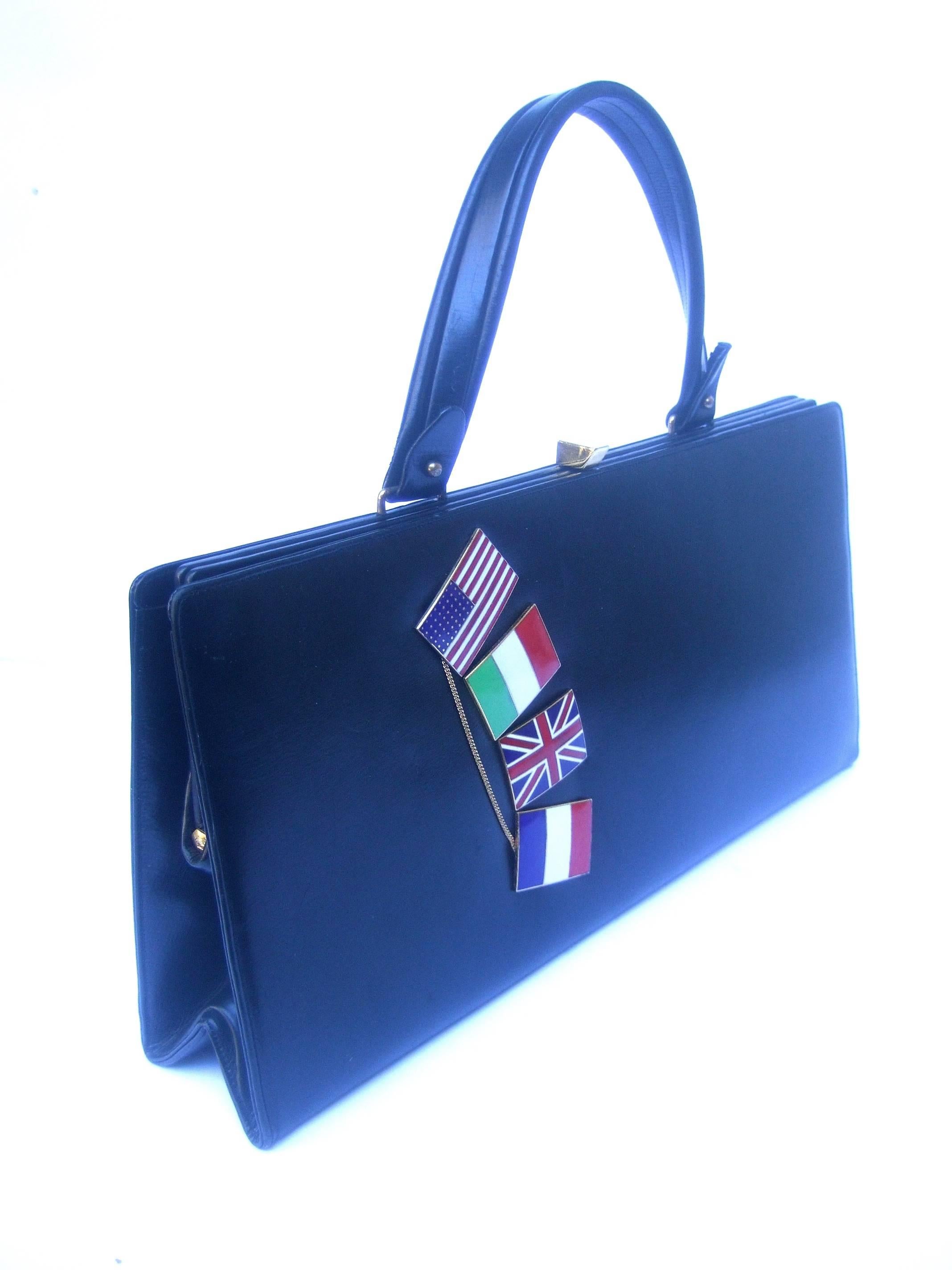 1960s Ebony Leather Cloisonne Enamel Flag Theme Handbag  1