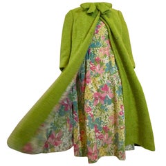 1960s Edith Small 2-Piece Spring Floral Dress & Tweed Chartreuse Coat Ensemble