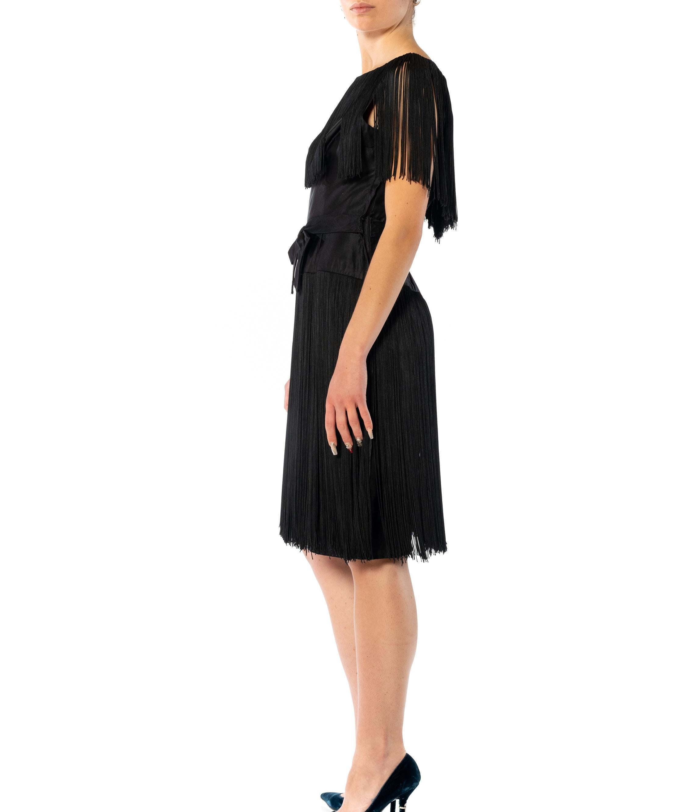 1960S EDWARD ABBOT Black Silk Duchess Satin Fringe Cocktail Dress For Sale 7