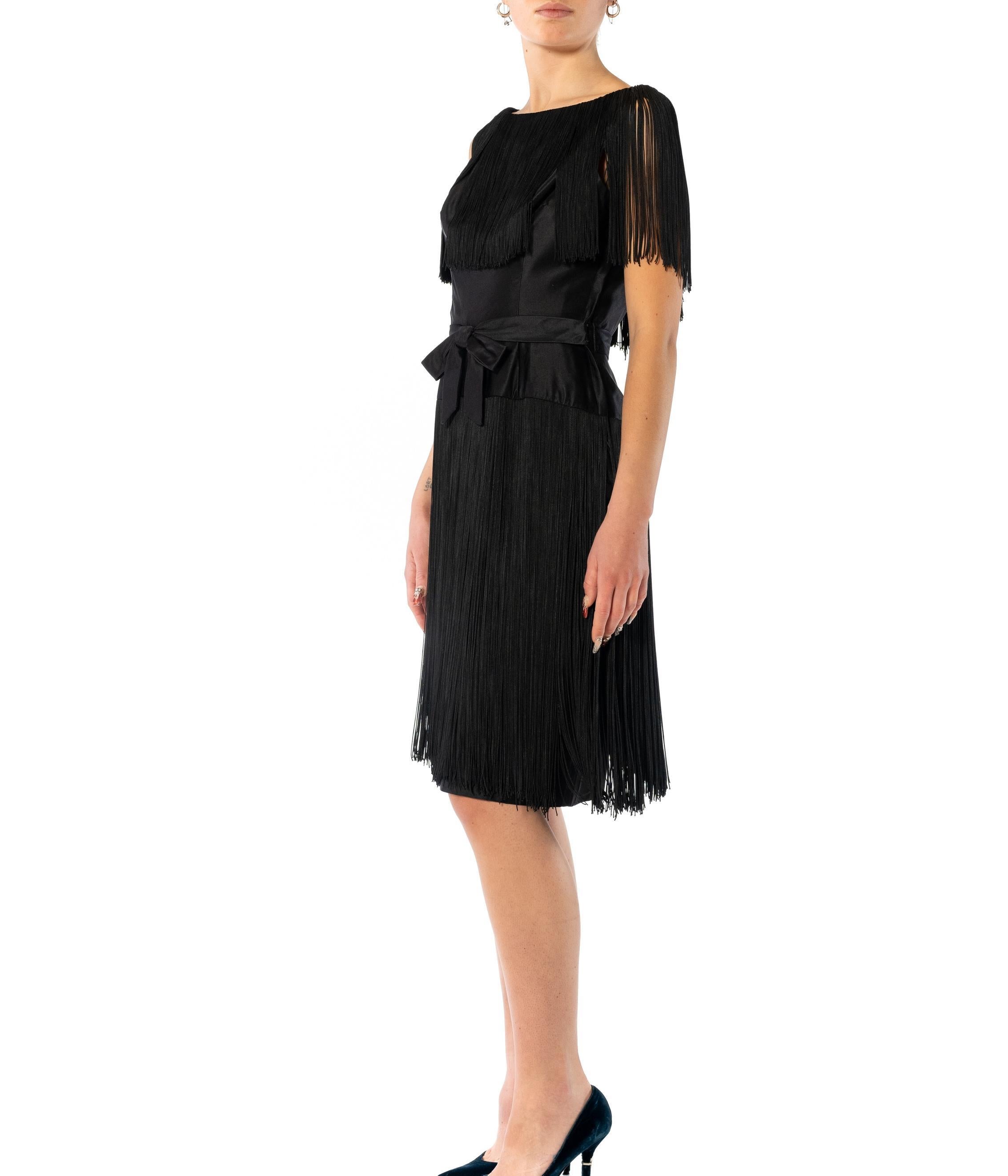1960S EDWARD ABBOT Black Silk Duchess Satin Fringe Cocktail Dress For Sale 8