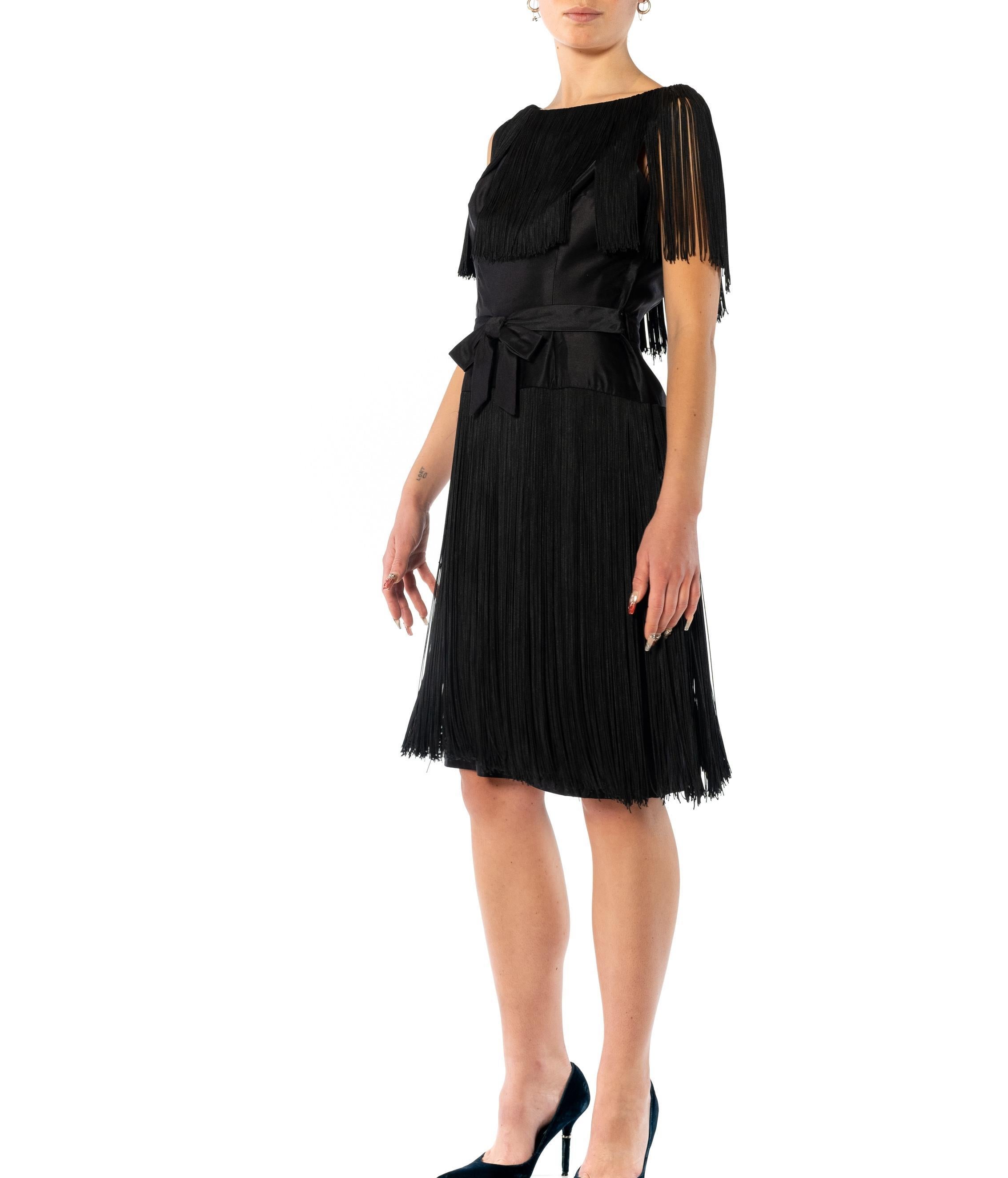 1960S EDWARD ABBOT Black Silk Duchess Satin Fringe Cocktail Dress For Sale 9