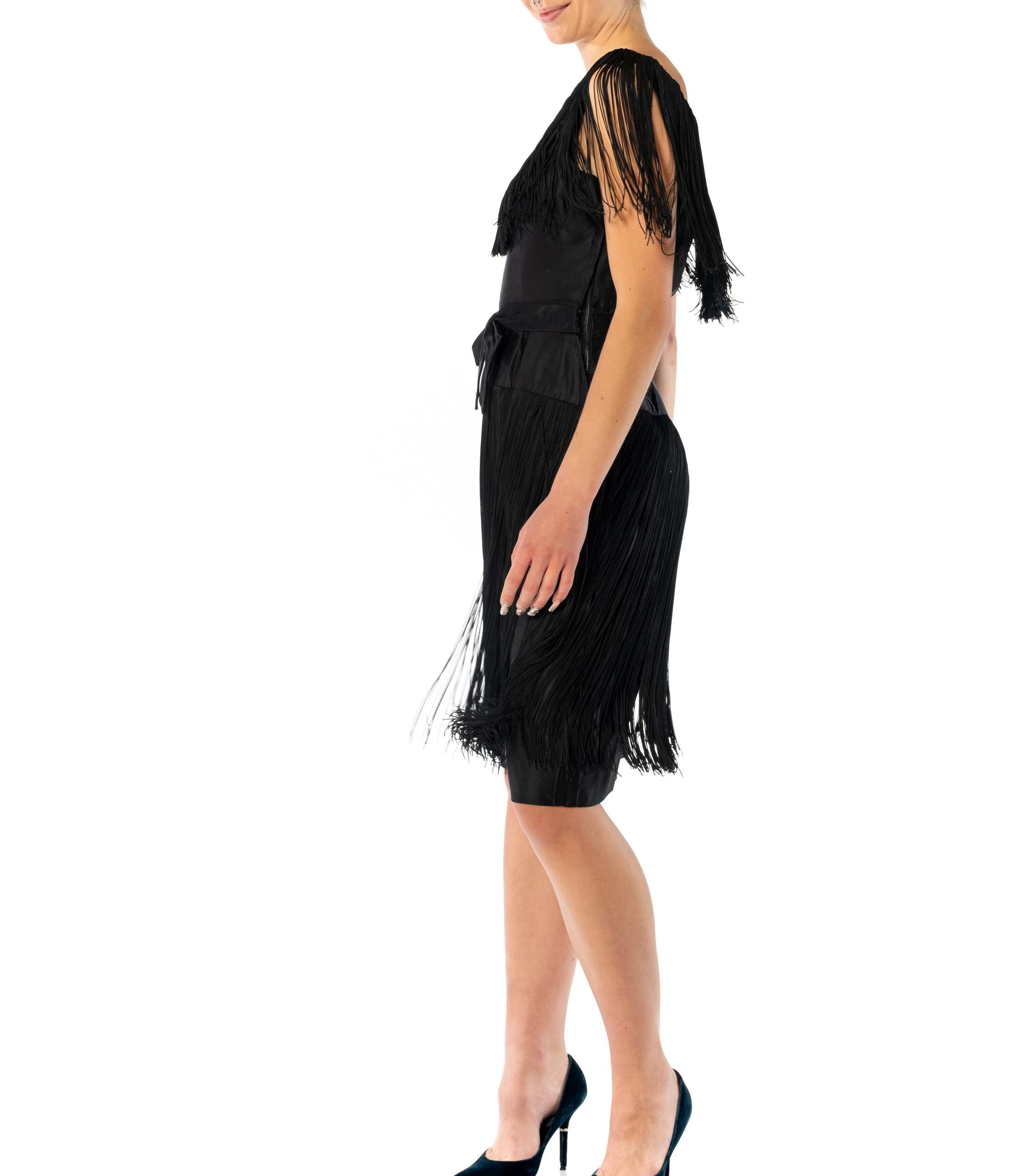 Women's 1960S EDWARD ABBOT Black Silk Duchess Satin Fringe Cocktail Dress For Sale