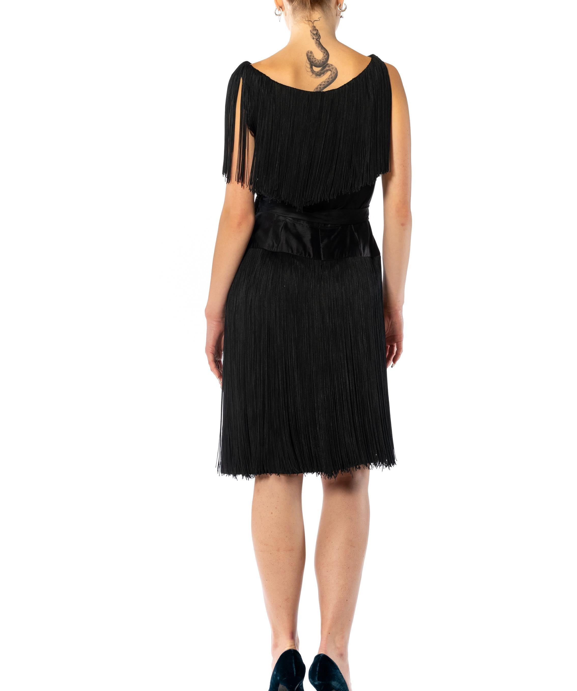 1960S EDWARD ABBOT Black Silk Duchess Satin Fringe Cocktail Dress For Sale 5