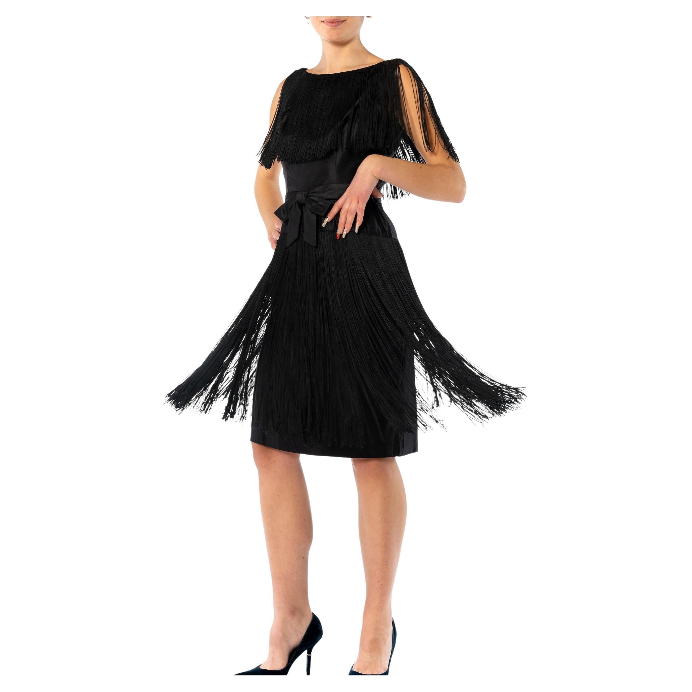1960S EDWARD ABBOT Black Silk Duchess Satin Fringe Cocktail Dress For Sale
