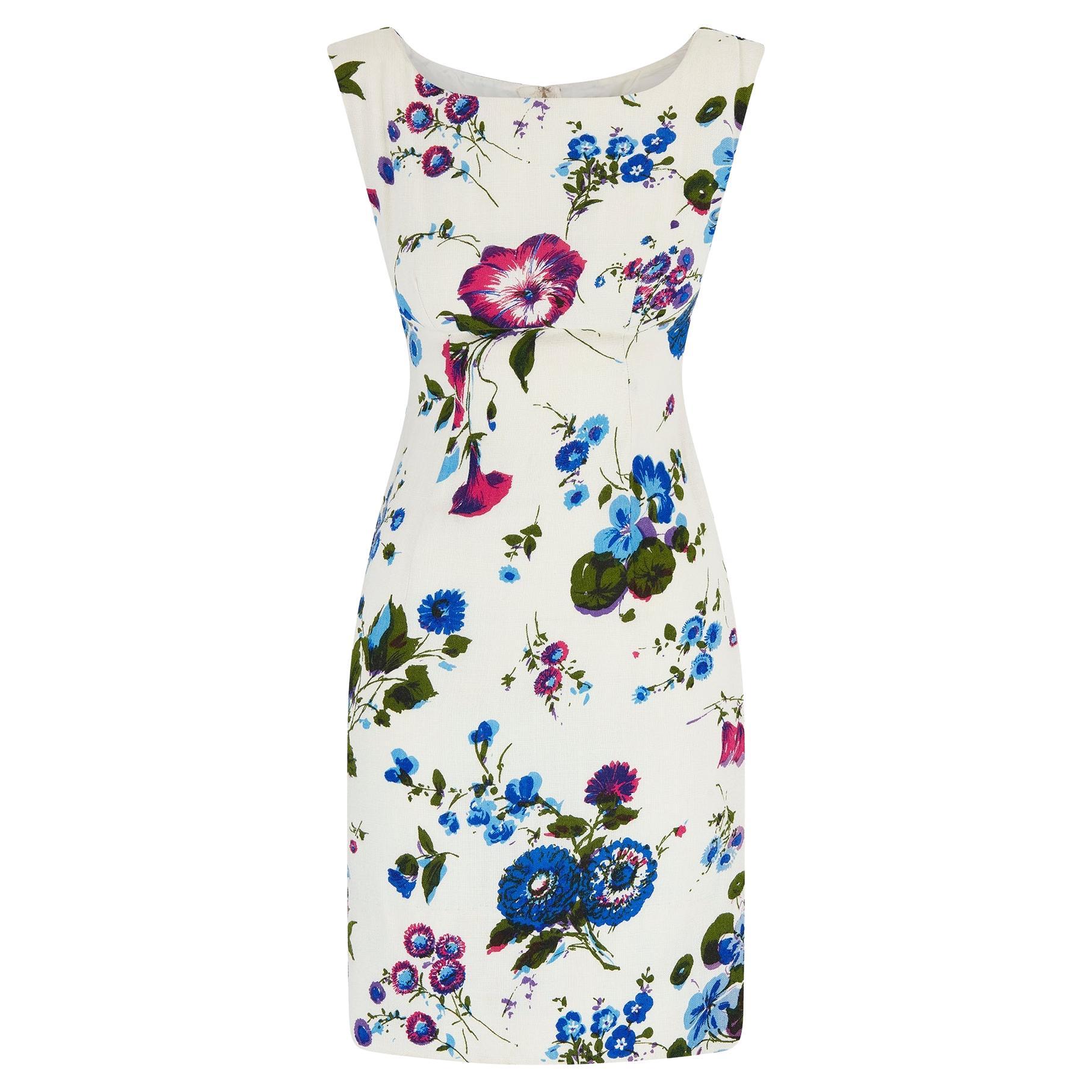 Vestido Edward Abbott crema de los años 60 con flores moradas y azules en venta