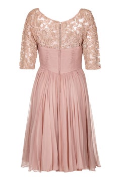 1960s Edward Abbott Dusky Pink Corded Lace and Silk Chiffon Dress