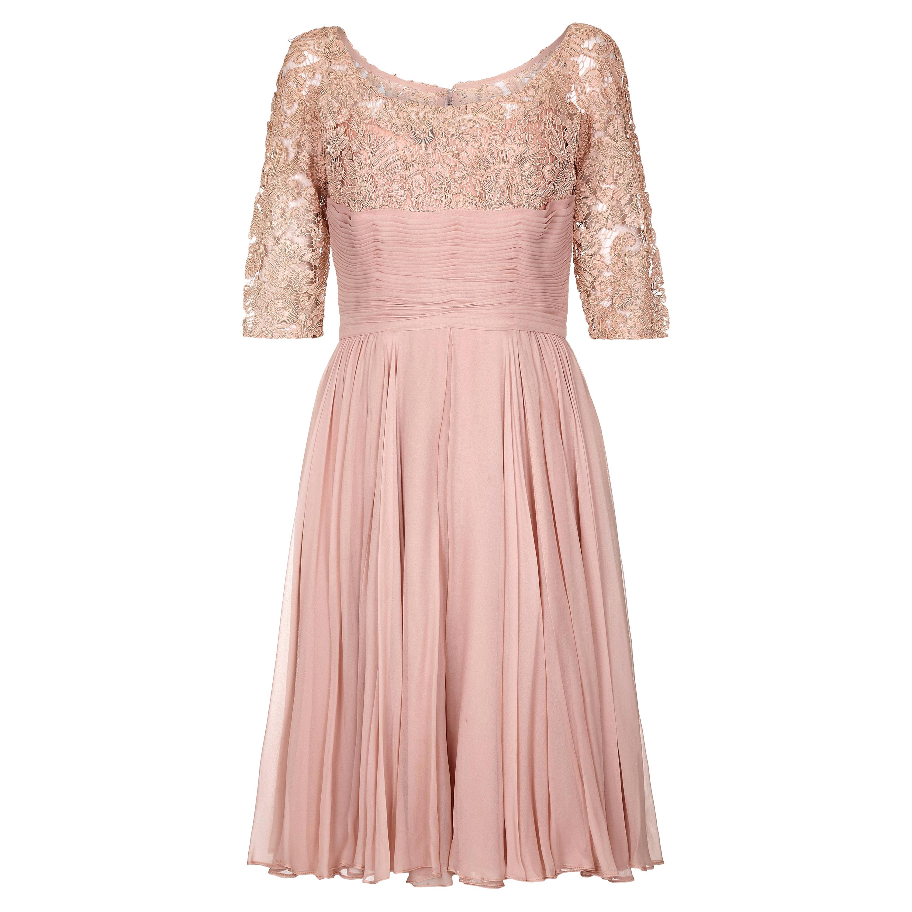 1960s Edward Abbott Dusky Pink Corded Lace and Silk Chiffon Dress
