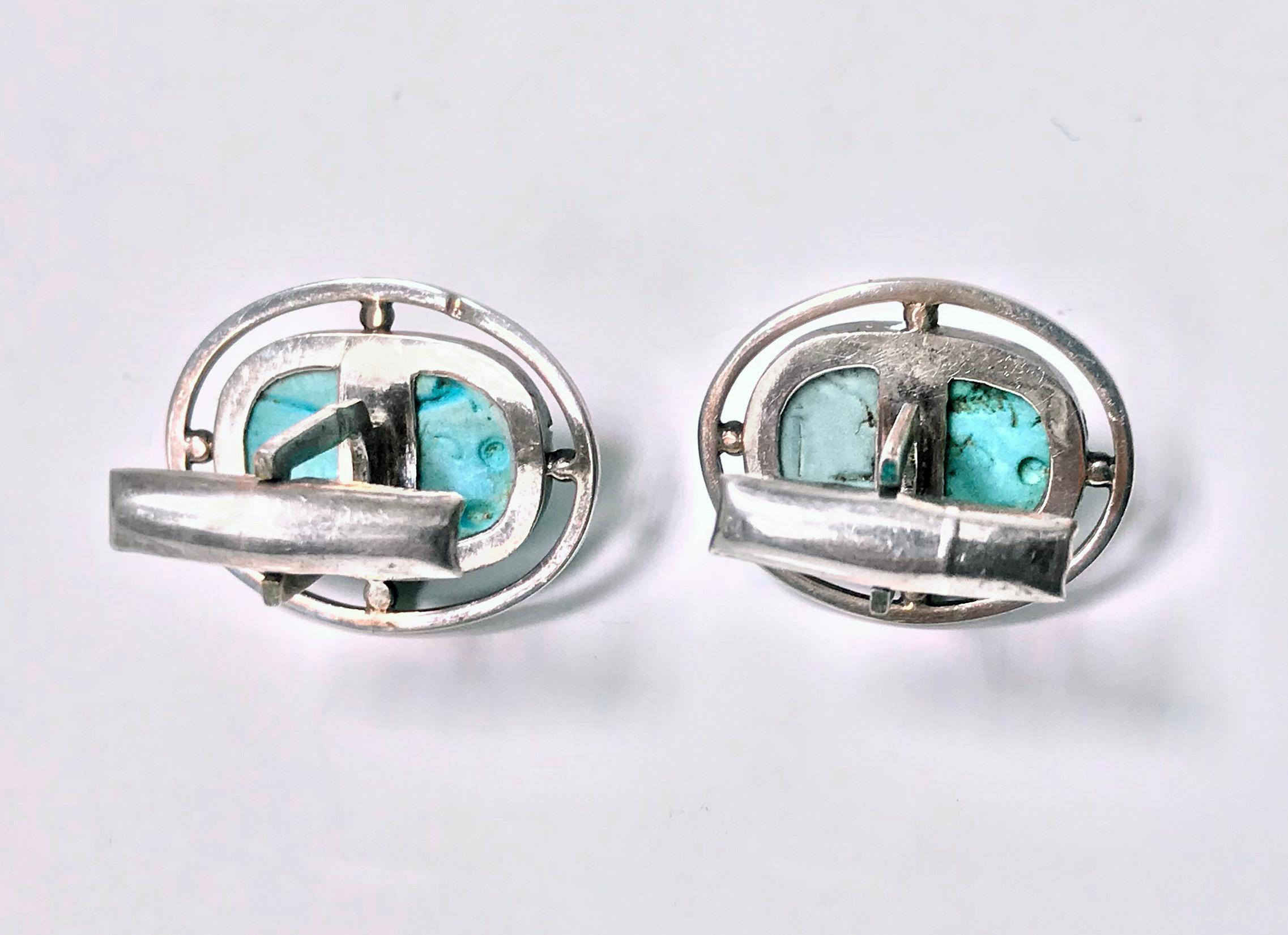 1960s Egyptian Revival Silver Turquoise Scarab Cufflinks In Good Condition In Toronto, ON