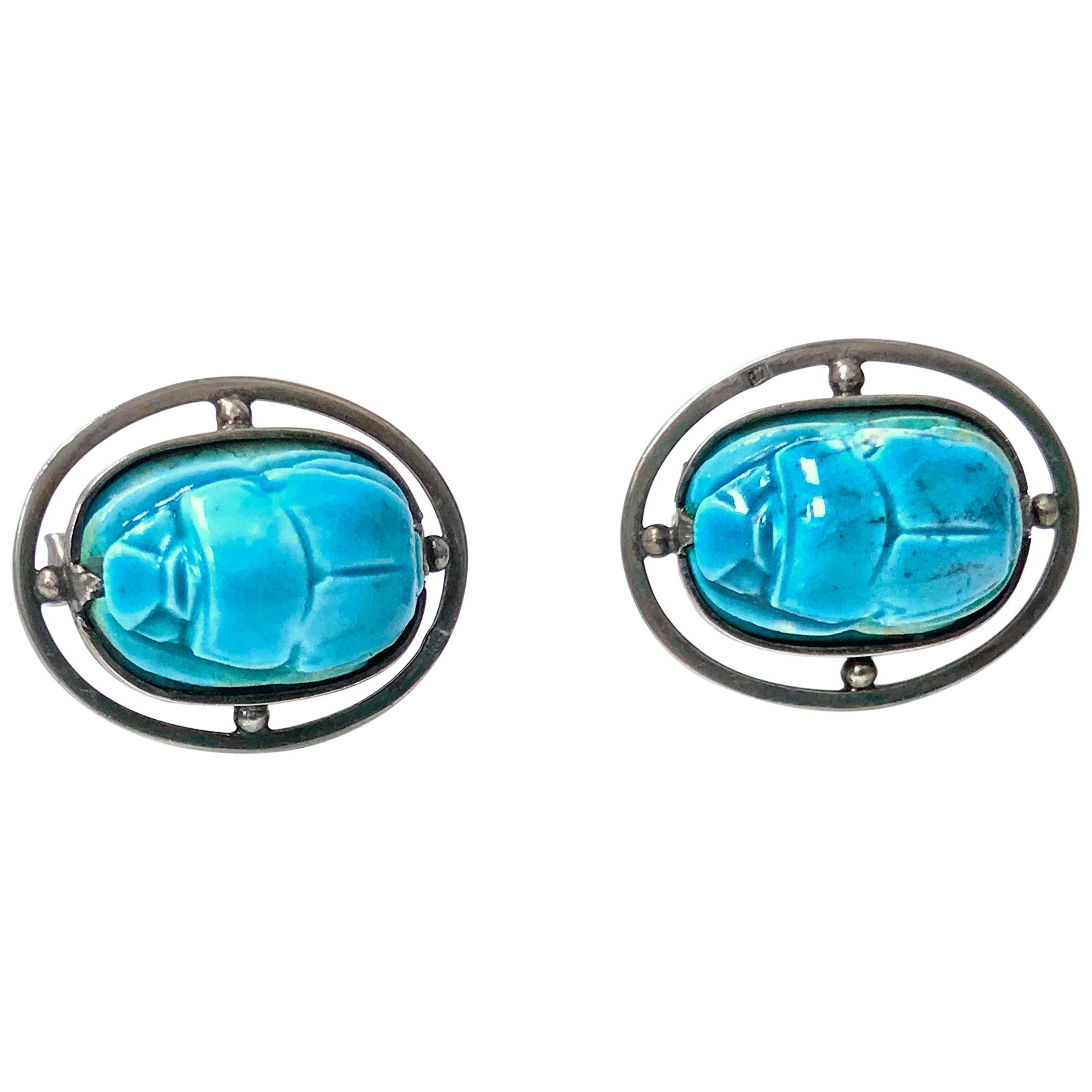 1960s Egyptian Revival Silver Turquoise Scarab Cufflinks