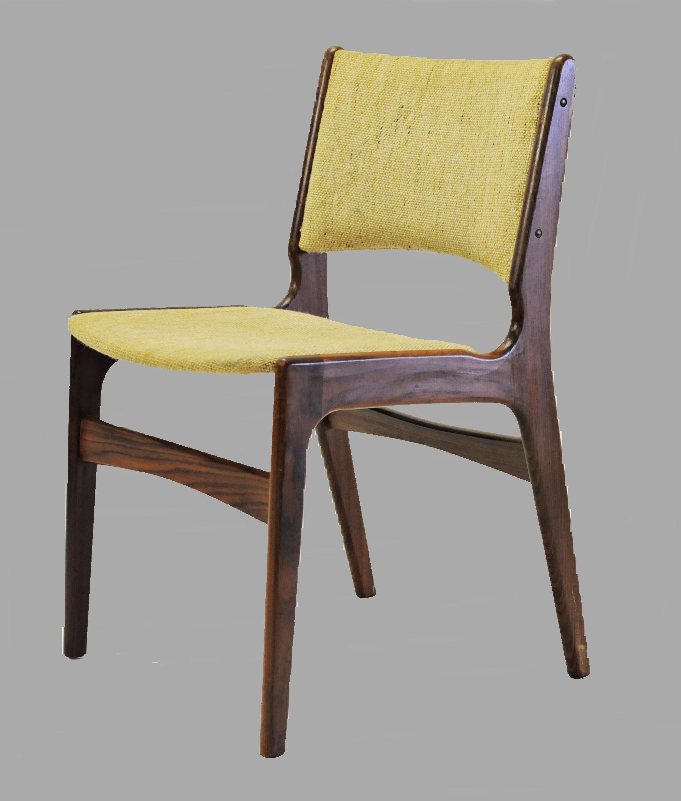 Set of eight Erik Buch dining chairs made by Oddense Maskinsnedkeri.

The chairs feature a solid teak frame and are as all of Erik Buchs chairs characterized by high-quality materials, solid craftsmanship, Scandinavian aesthetic and not least a