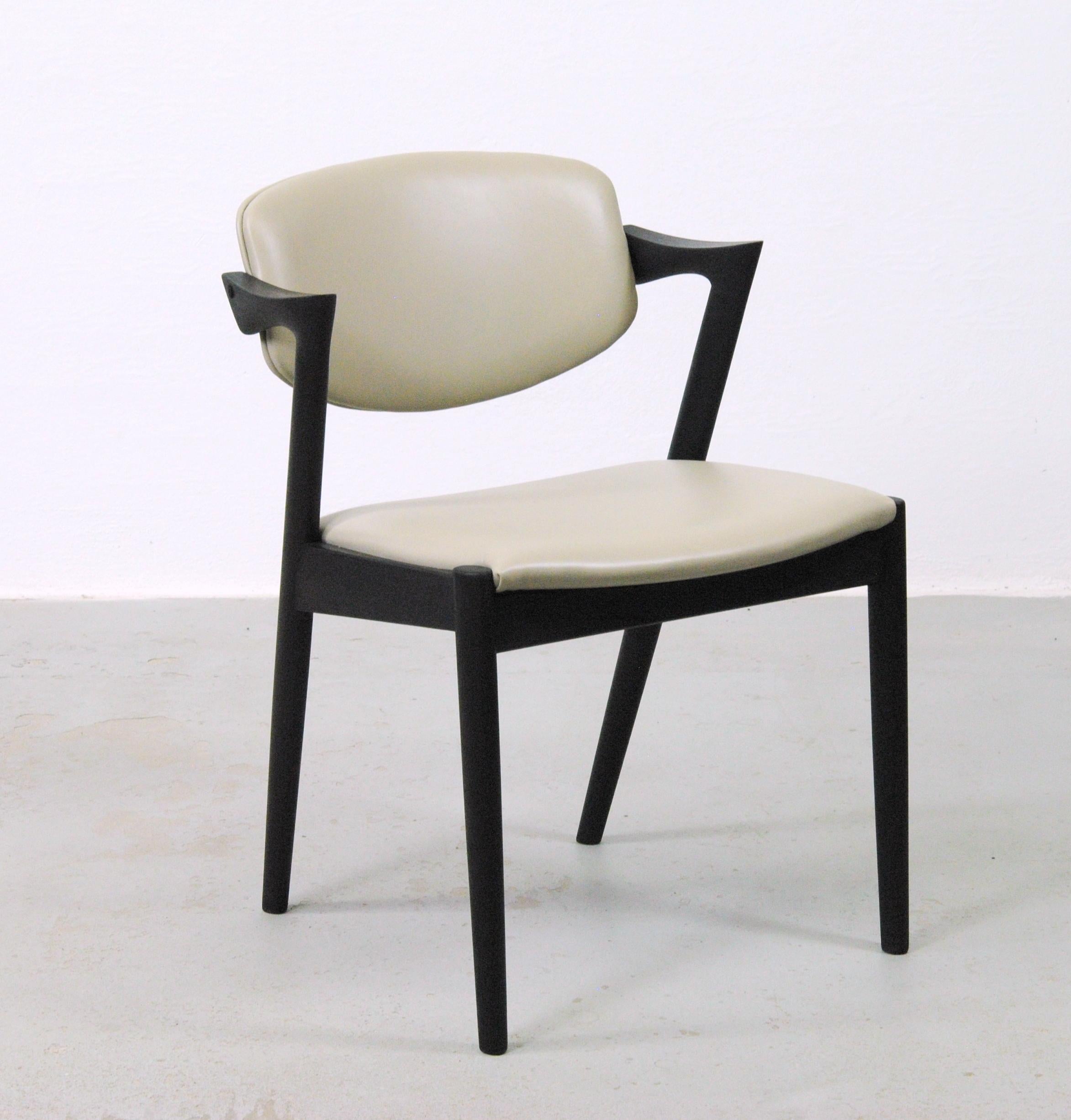 Eight Restored Ebonized Kai Kristiansen Dining Chairs Custom Upholstery Included In Excellent Condition For Sale In Knebel, DK