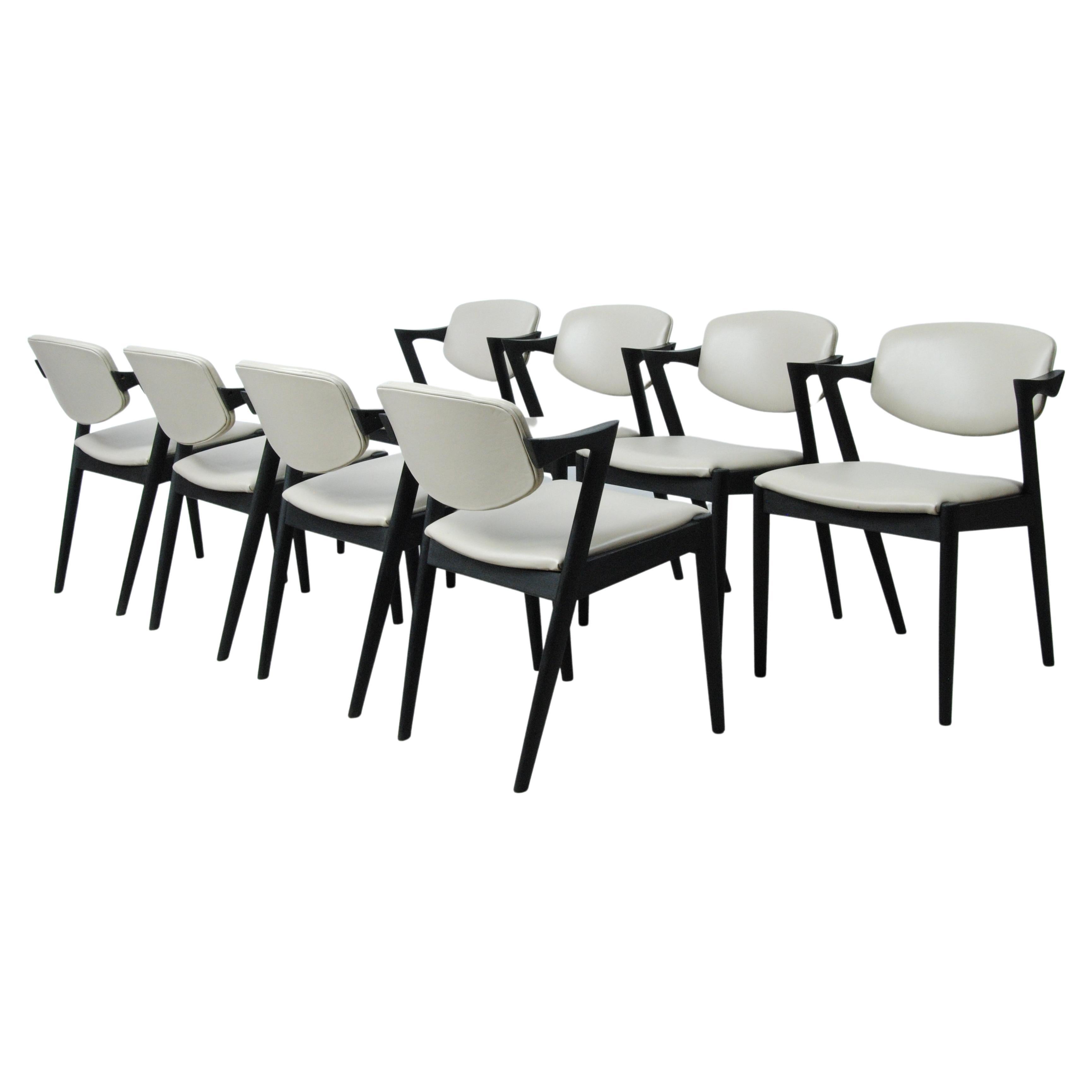 1960's Eight Restored, Ebonized Kai Kristiansen Dining Chairs, Custom Upholstery