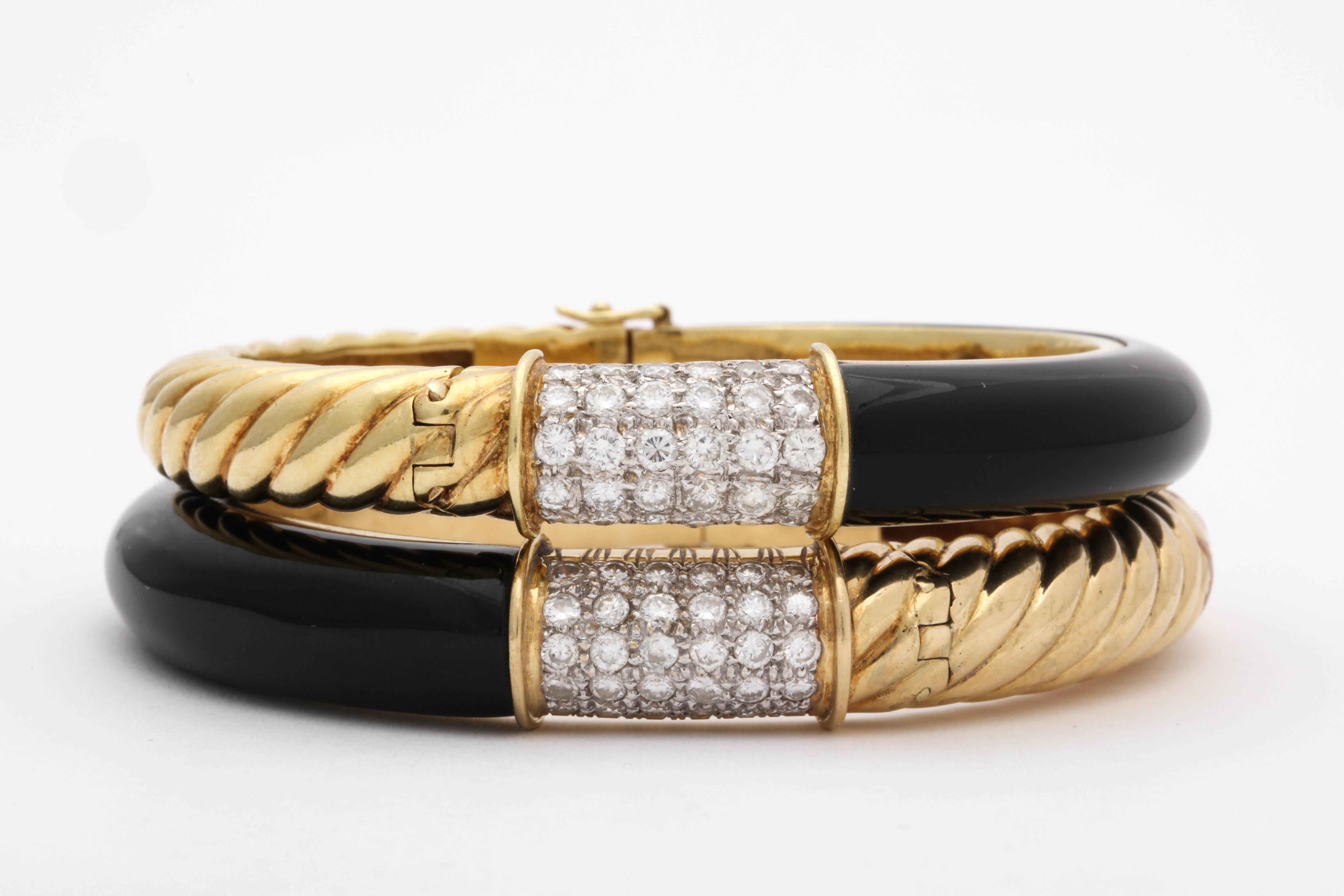 Round Cut 1960s Elegant Custom Cut Shiny Onyx with Diamonds Textured Gold Pair of Bangles