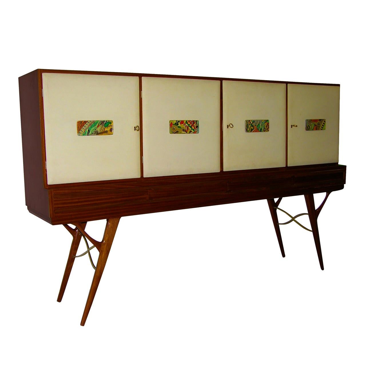 1960s Elegant Italian Vintage Cream Parchment & Colored Majolica Cabinet/Buffet
