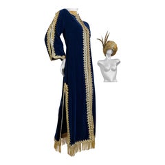 1960s Elegant Moroccan Sapphire Blue Velvet Caftan w Gorgeous Gold Braidwork
