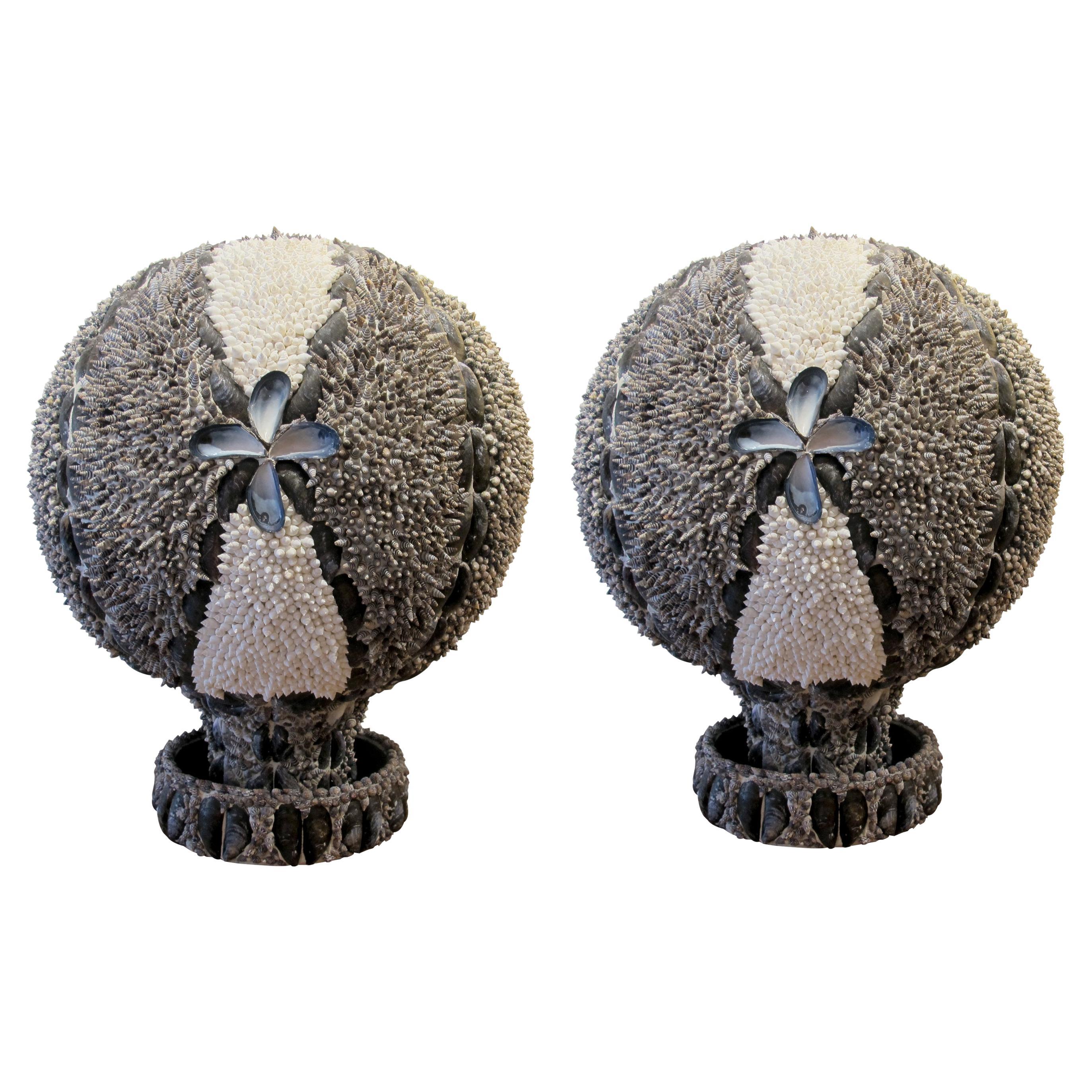 1960s Elegant Twin Shell Globes with Handcrafted Coastal Art, English