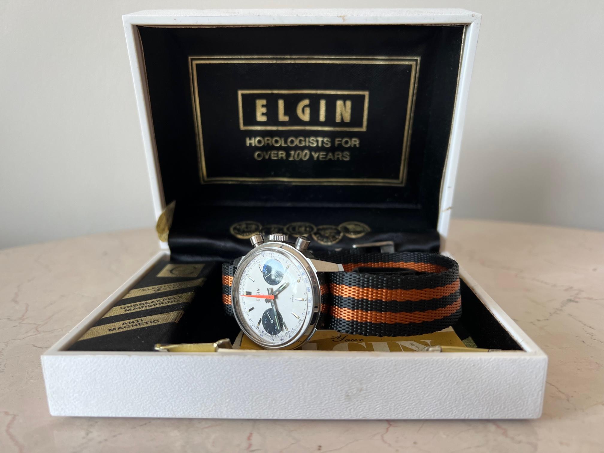 1960s Elgin Steel Chronograph Panda Dial For Sale 1