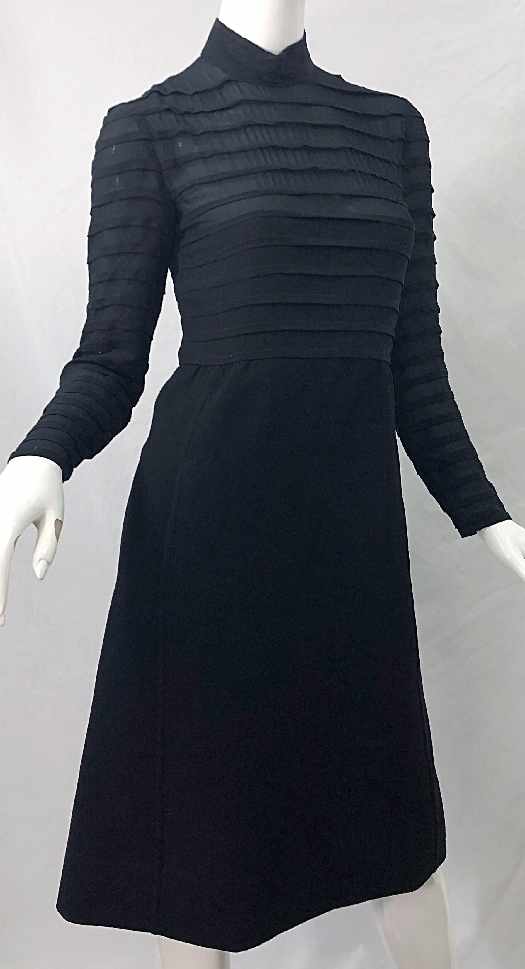 1960s Elio Berhanyer Demi Couture Black Silk Chiffon + Wool A - Line 60s Dress For Sale 5