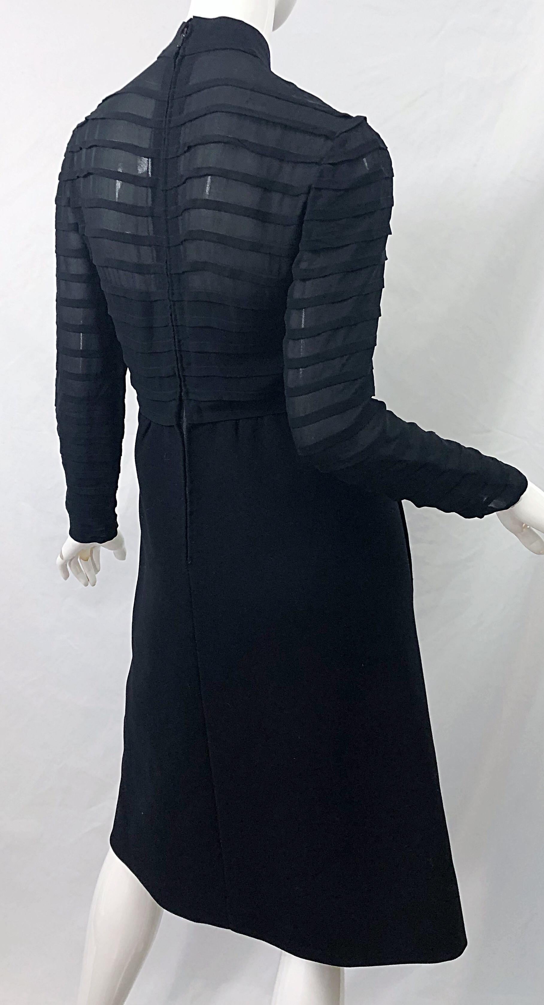 1960s Elio Berhanyer Demi Couture Black Silk Chiffon + Wool A - Line 60s Dress For Sale 6