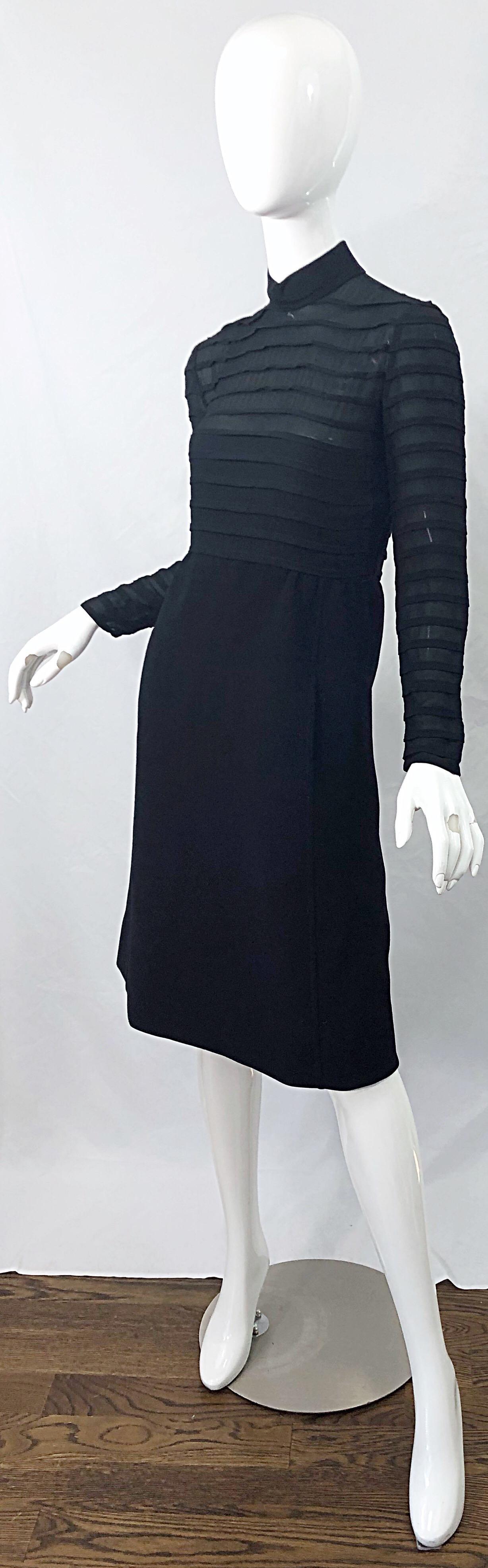1960s Elio Berhanyer Demi Couture Black Silk Chiffon + Wool A - Line 60s Dress For Sale 7