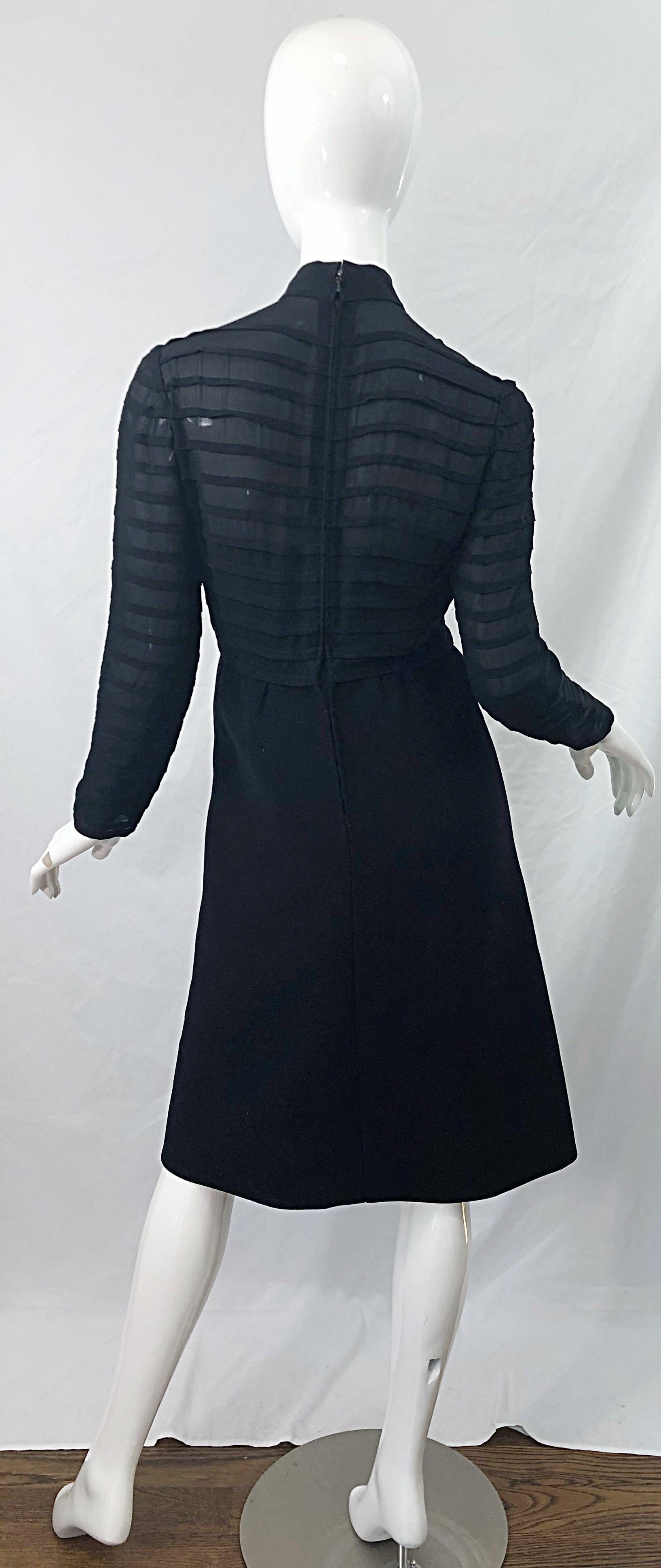 1960s Elio Berhanyer Demi Couture Black Silk Chiffon + Wool A - Line 60s Dress For Sale 8