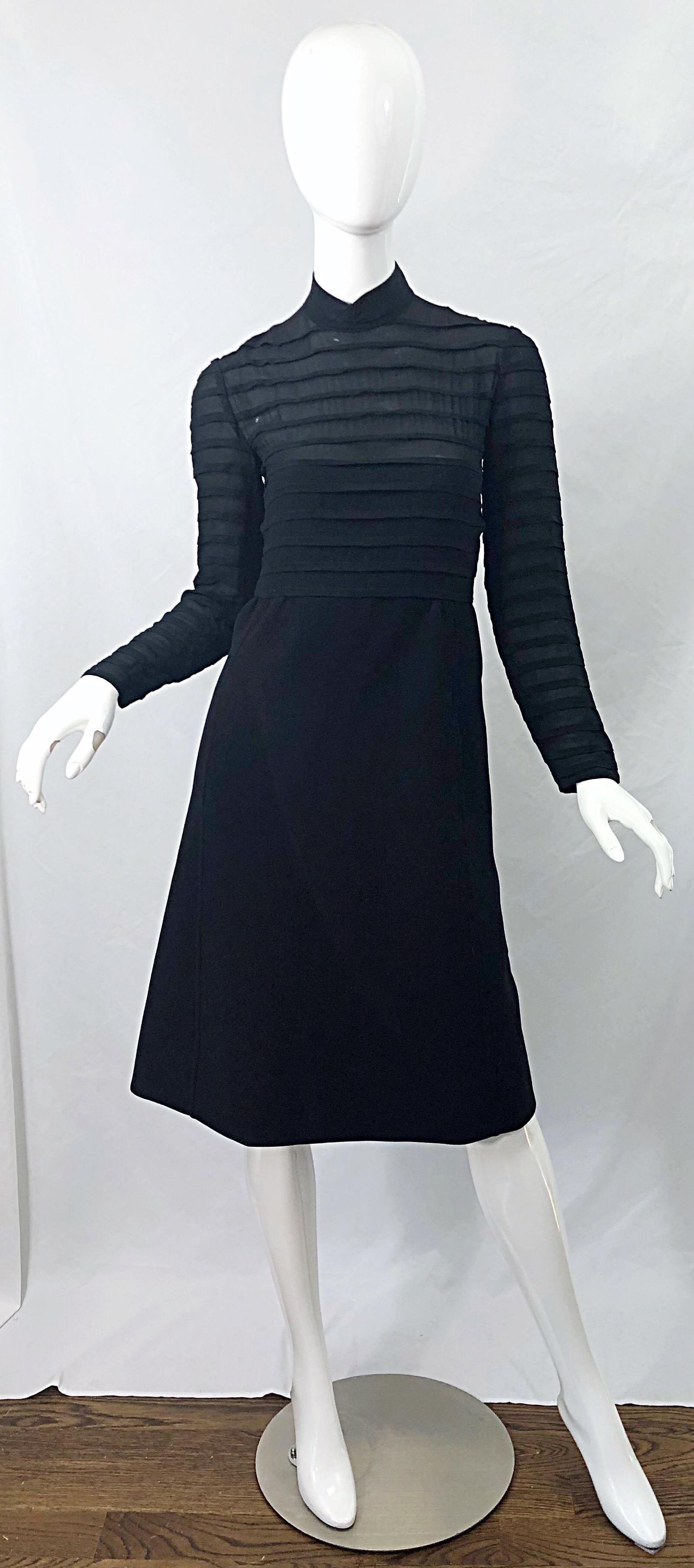 1960s Elio Berhanyer Demi Couture Black Silk Chiffon + Wool A - Line 60s Dress For Sale 9