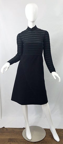 1960s Elio Berhanyer Demi Couture Black Silk Chiffon + Wool A - Line 60s Dress