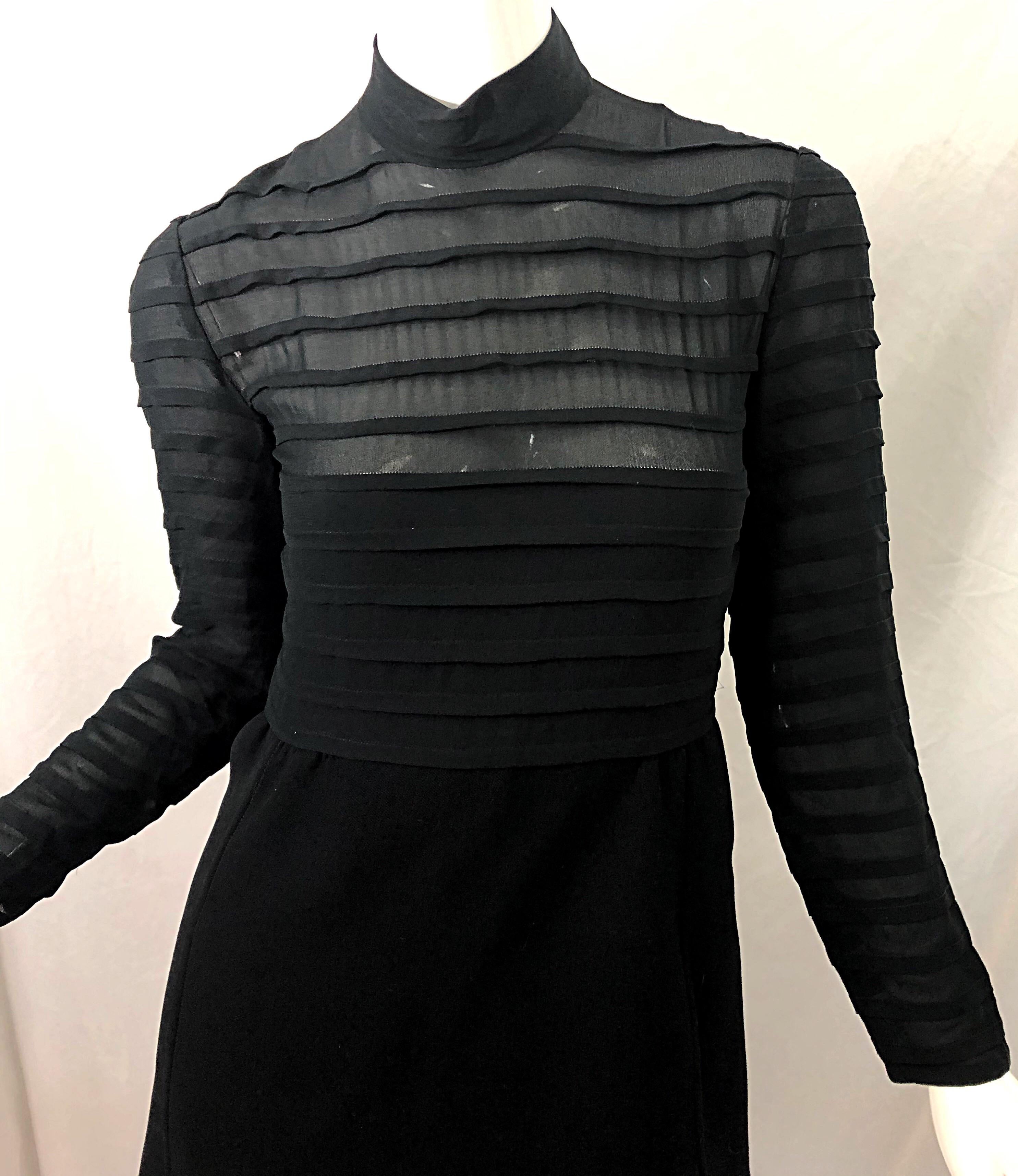 1960s Elio Berhanyer Demi Couture Black Silk Chiffon + Wool A - Line 60s Dress In Excellent Condition For Sale In San Diego, CA