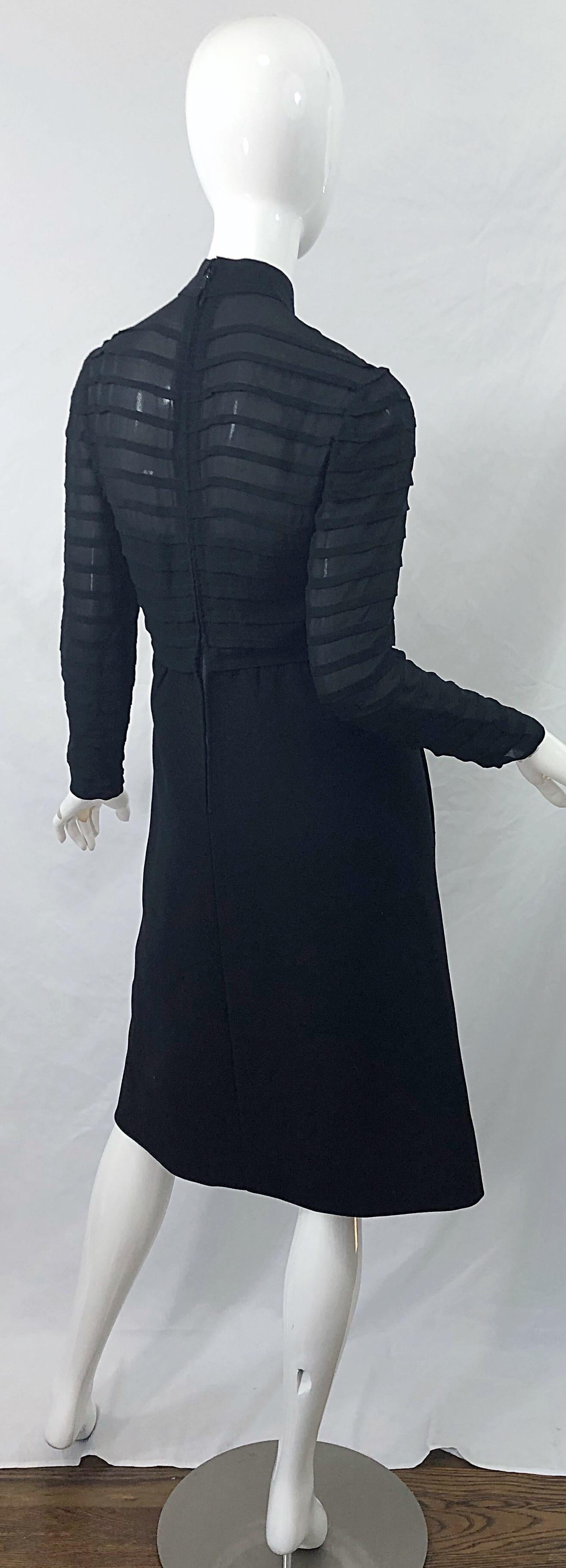 Women's 1960s Elio Berhanyer Demi Couture Black Silk Chiffon + Wool A - Line 60s Dress For Sale