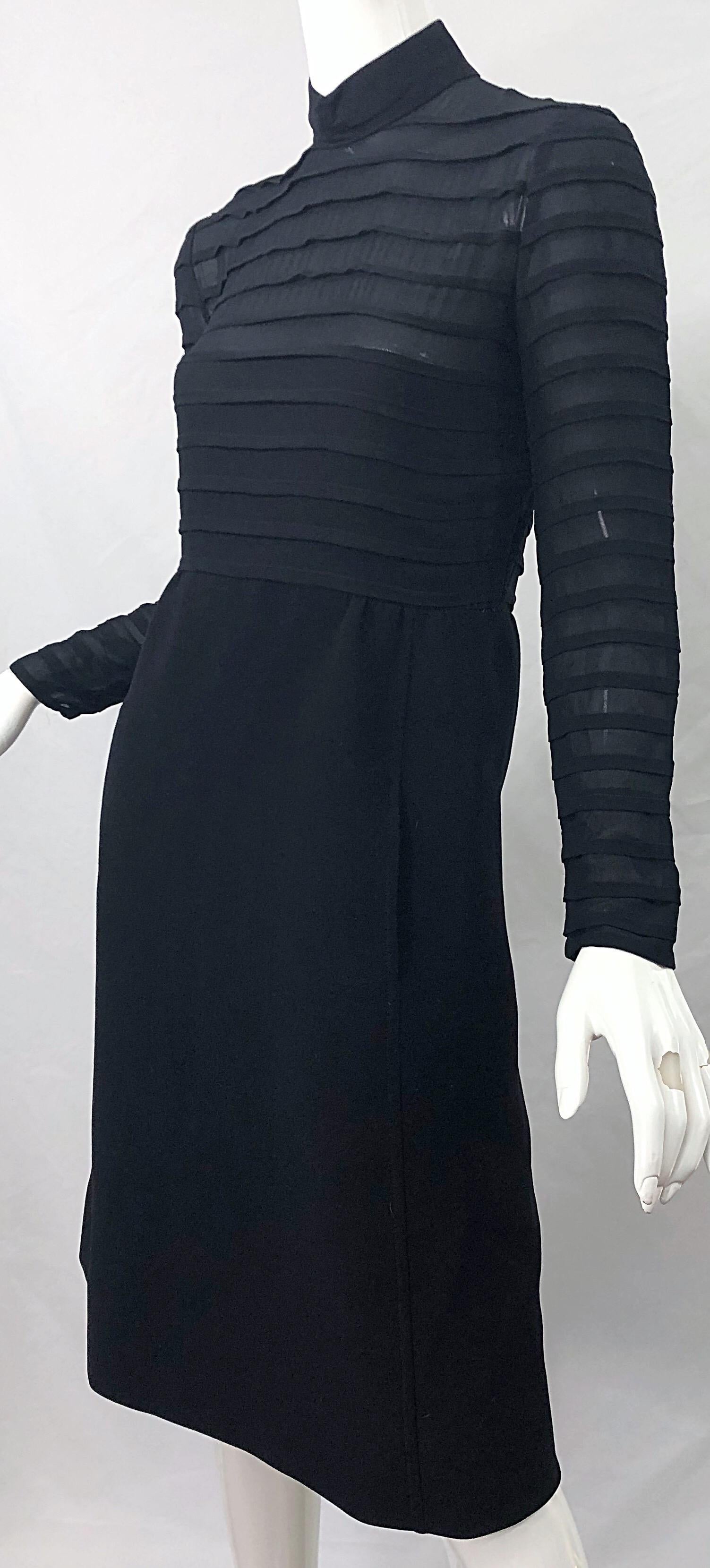 1960s Elio Berhanyer Demi Couture Black Silk Chiffon + Wool A - Line 60s Dress For Sale 1
