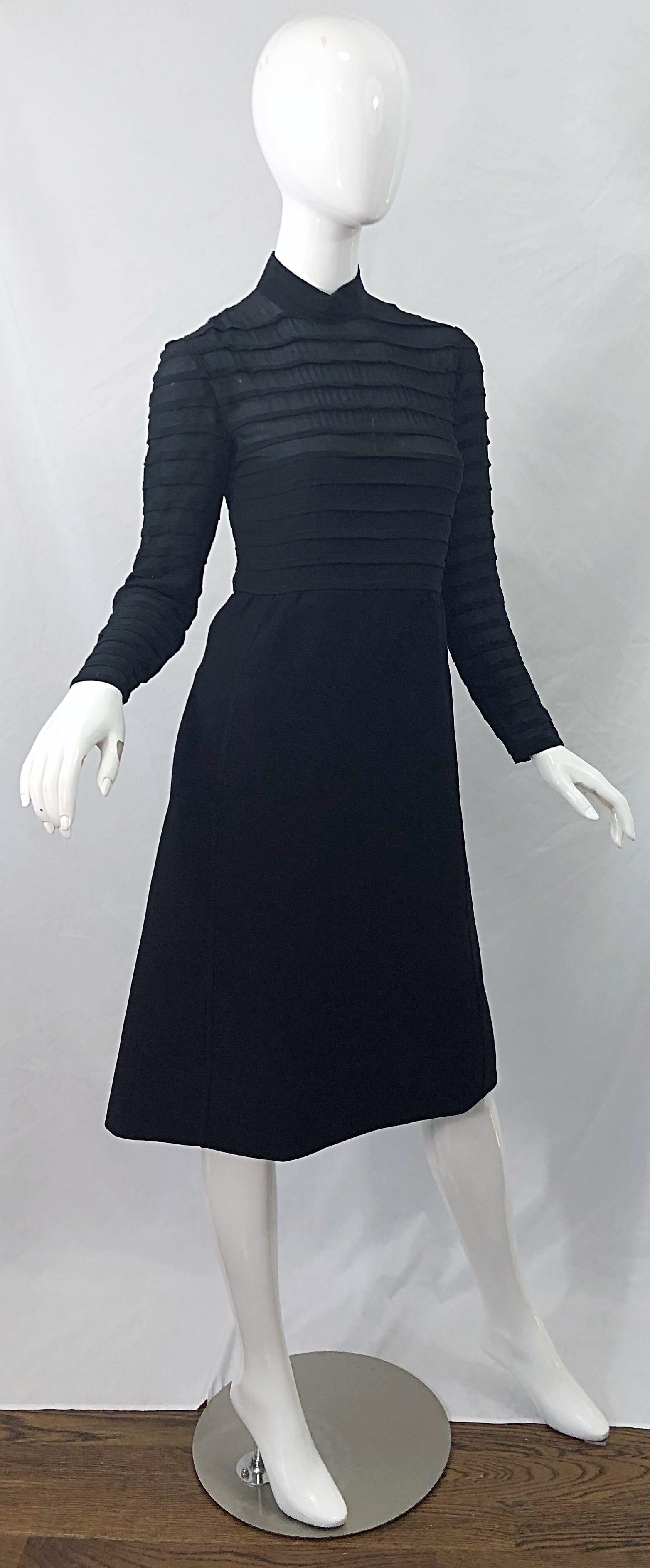1960s Elio Berhanyer Demi Couture Black Silk Chiffon + Wool A - Line 60s Dress For Sale 2