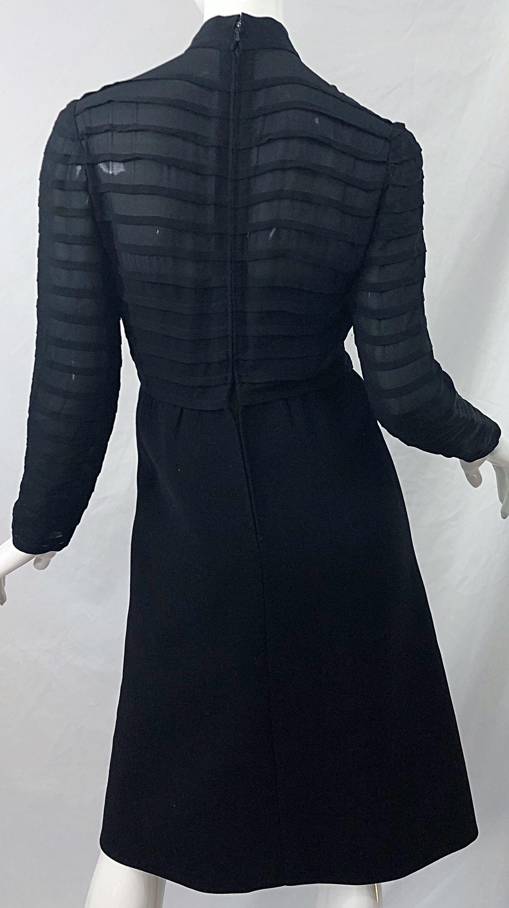 1960s Elio Berhanyer Demi Couture Black Silk Chiffon + Wool A - Line 60s Dress For Sale 3