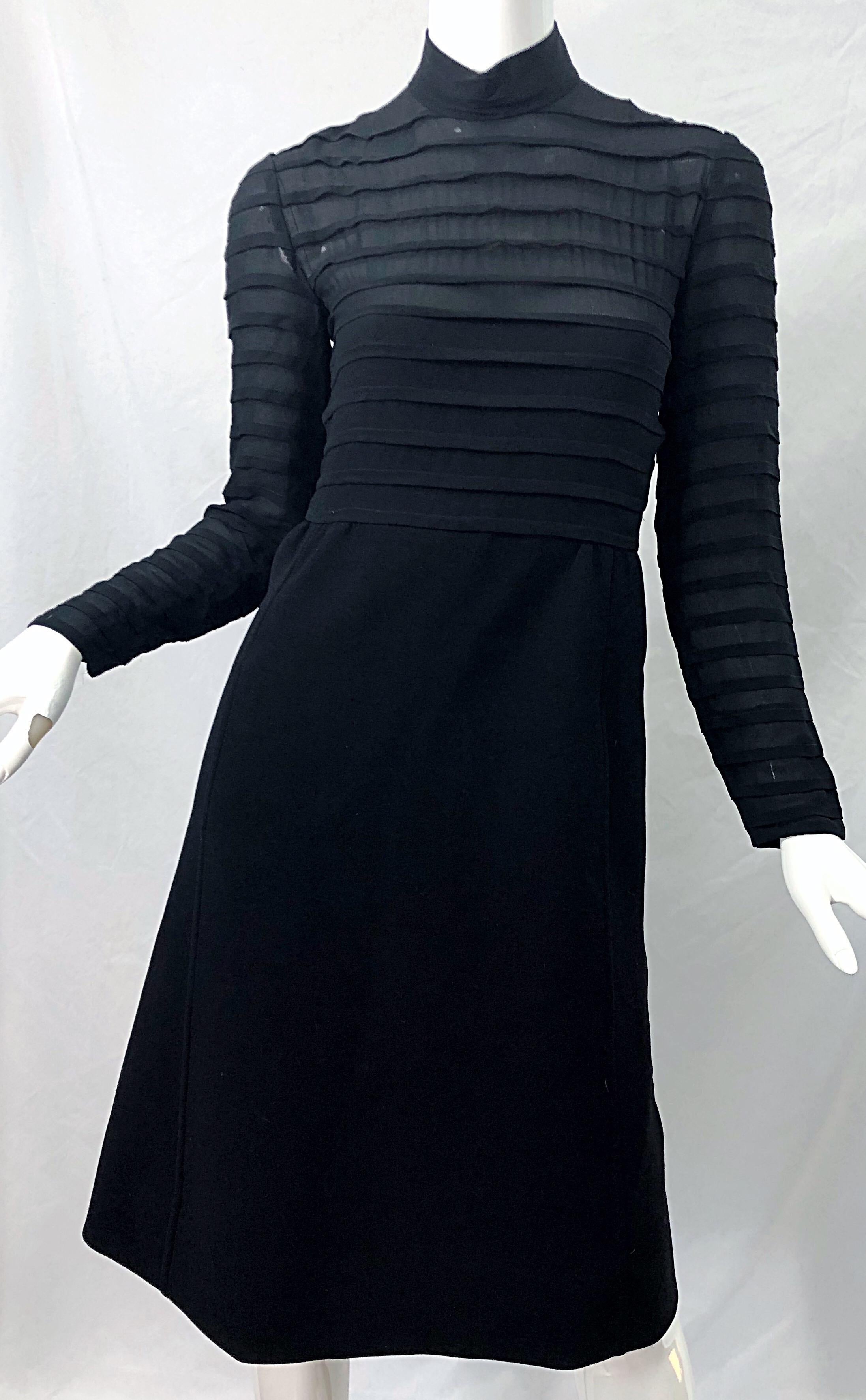 1960s Elio Berhanyer Demi Couture Black Silk Chiffon + Wool A - Line 60s Dress For Sale 4