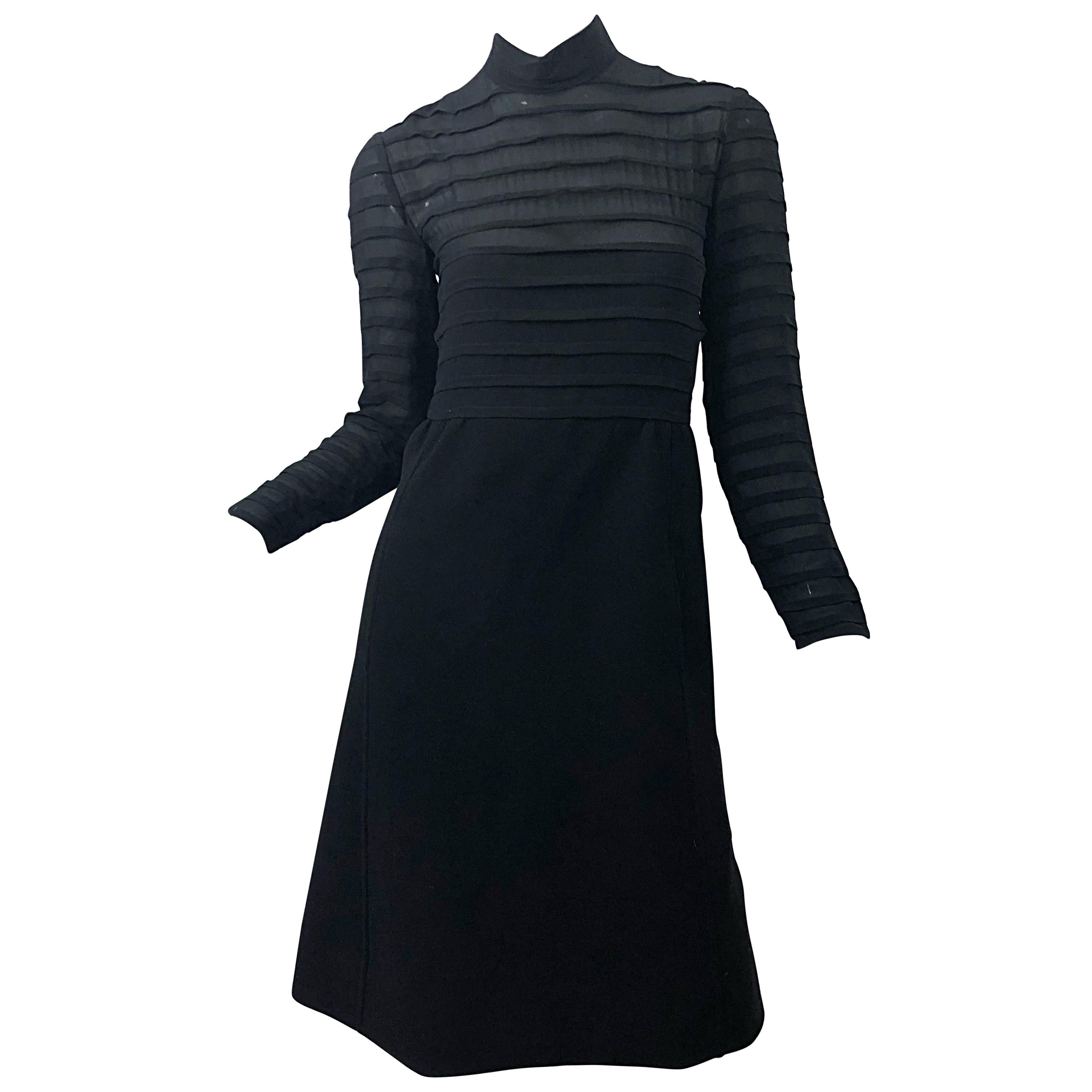 1960s Elio Berhanyer Demi Couture Black Silk Chiffon + Wool A - Line 60s Dress For Sale