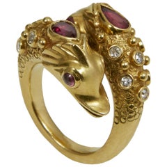 Vintage 1960s Elizabeth Gage Ruby, Diamond and Gold Dolphin Shape Ring