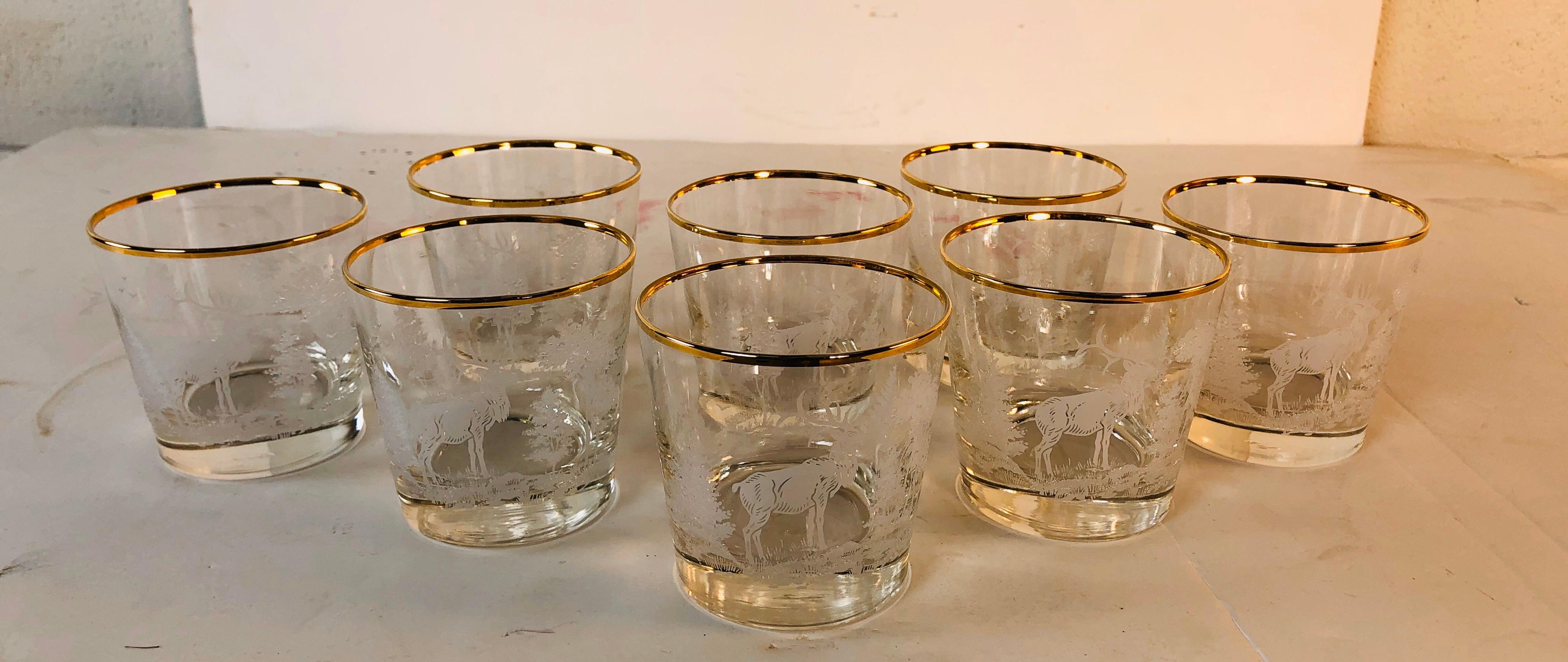 Vintage 1960s set of 8 bar glass tumblers with a white 